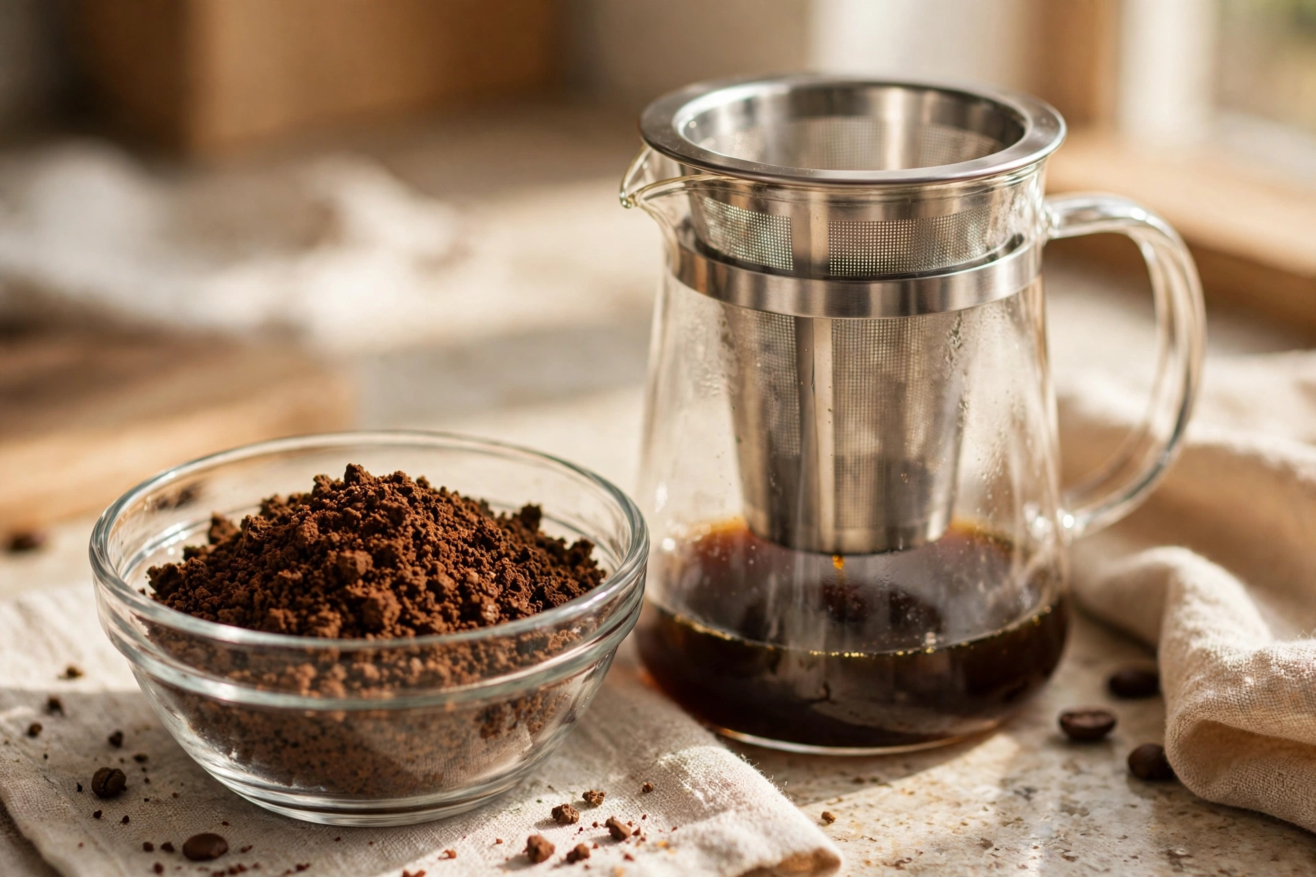 Coarse coffee grounds beside a cold brew pitcher with reusable filter