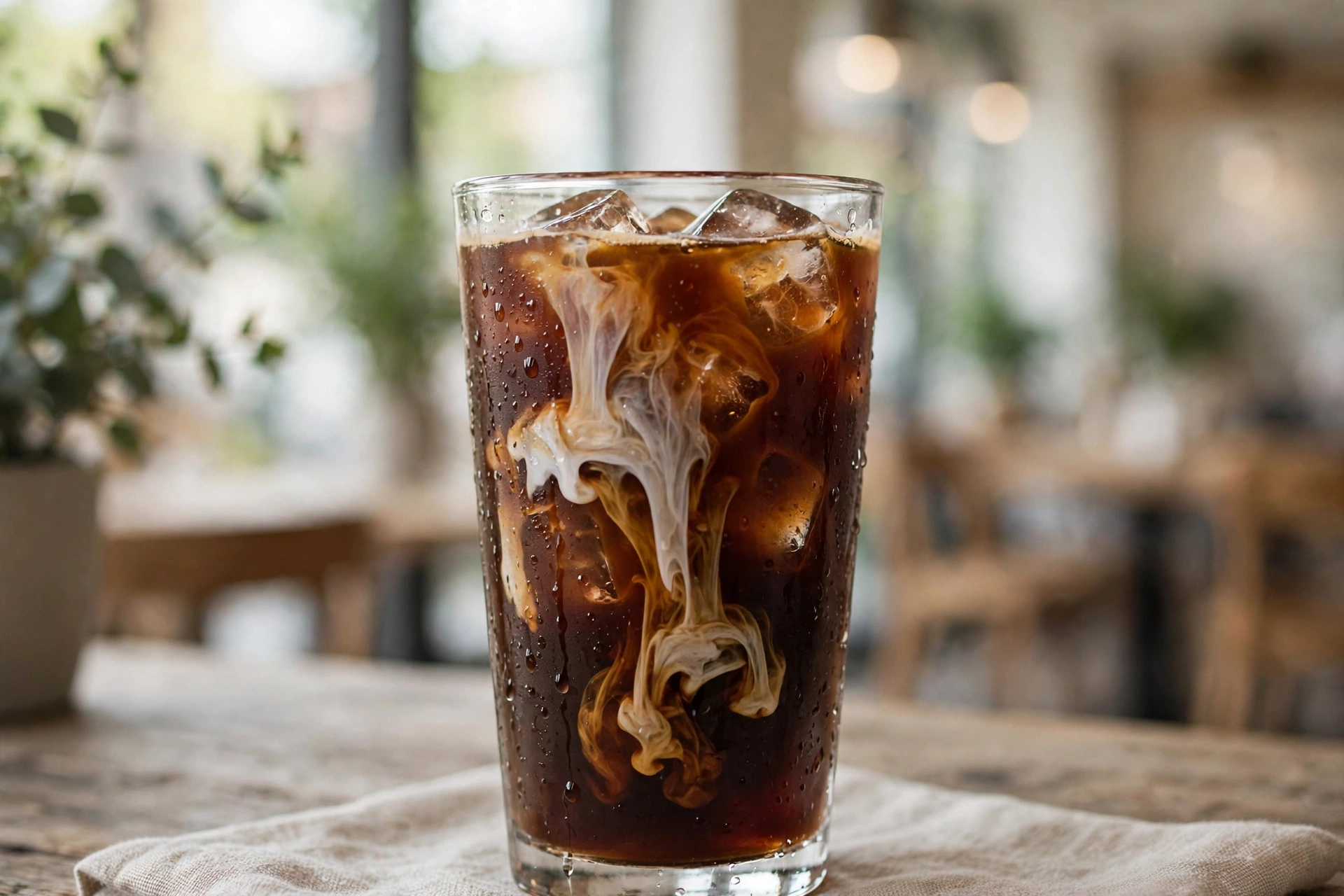 Tall glass of iced coffee with cream swirling through dark coffee over ice cubes