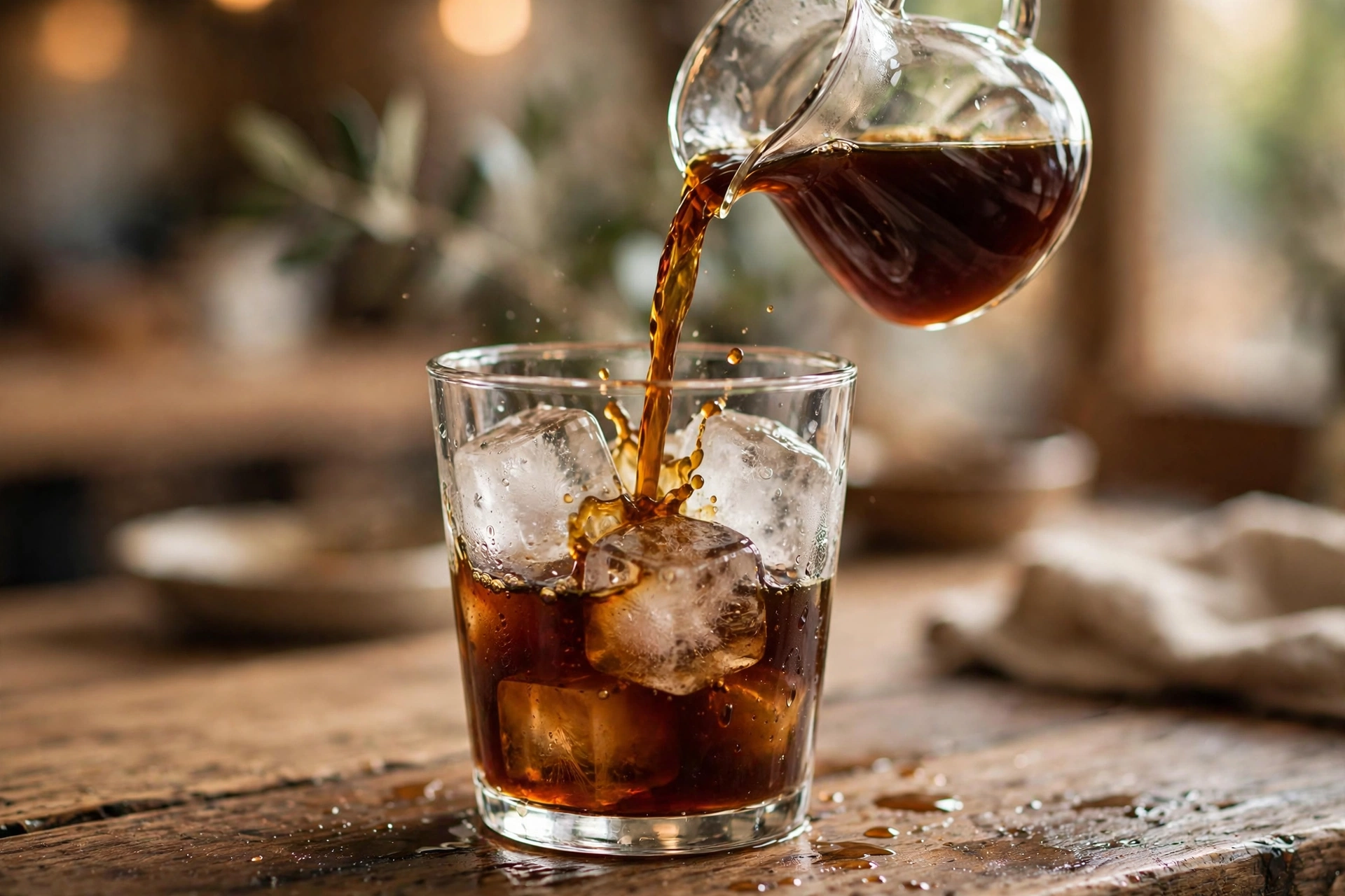 Cold brew coffee being poured from a glass carafe over large ice cubes