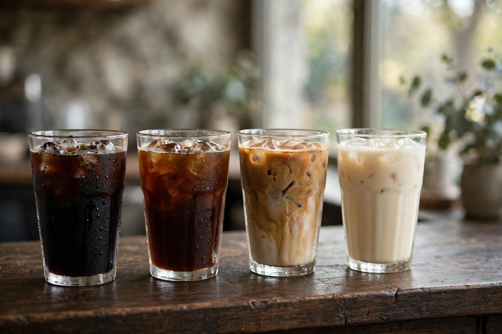 Four different iced coffee drinks lined up on a dark wooden café bar