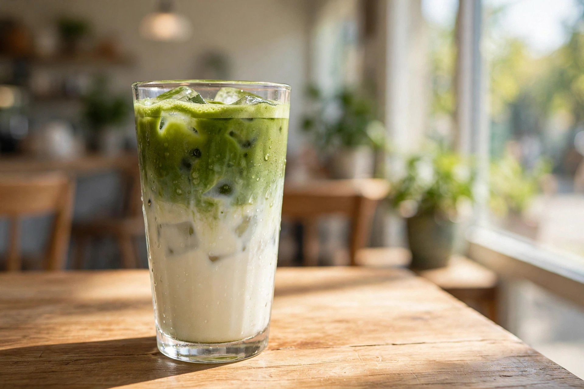 Iced matcha latte with layered vibrant green matcha over milk and ice in a tall glass