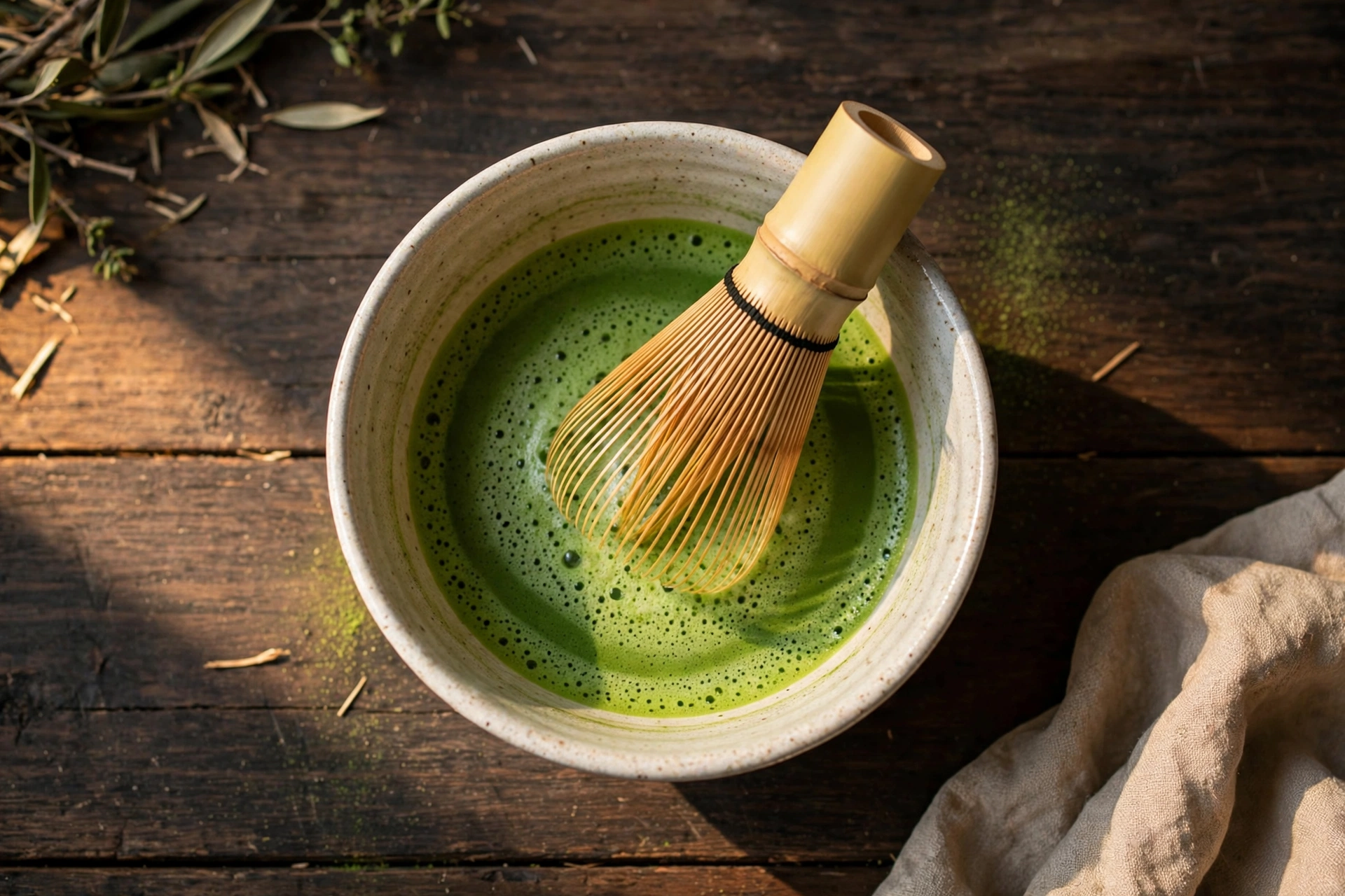 Bamboo matcha whisk resting in a ceramic bowl of frothy whisked matcha