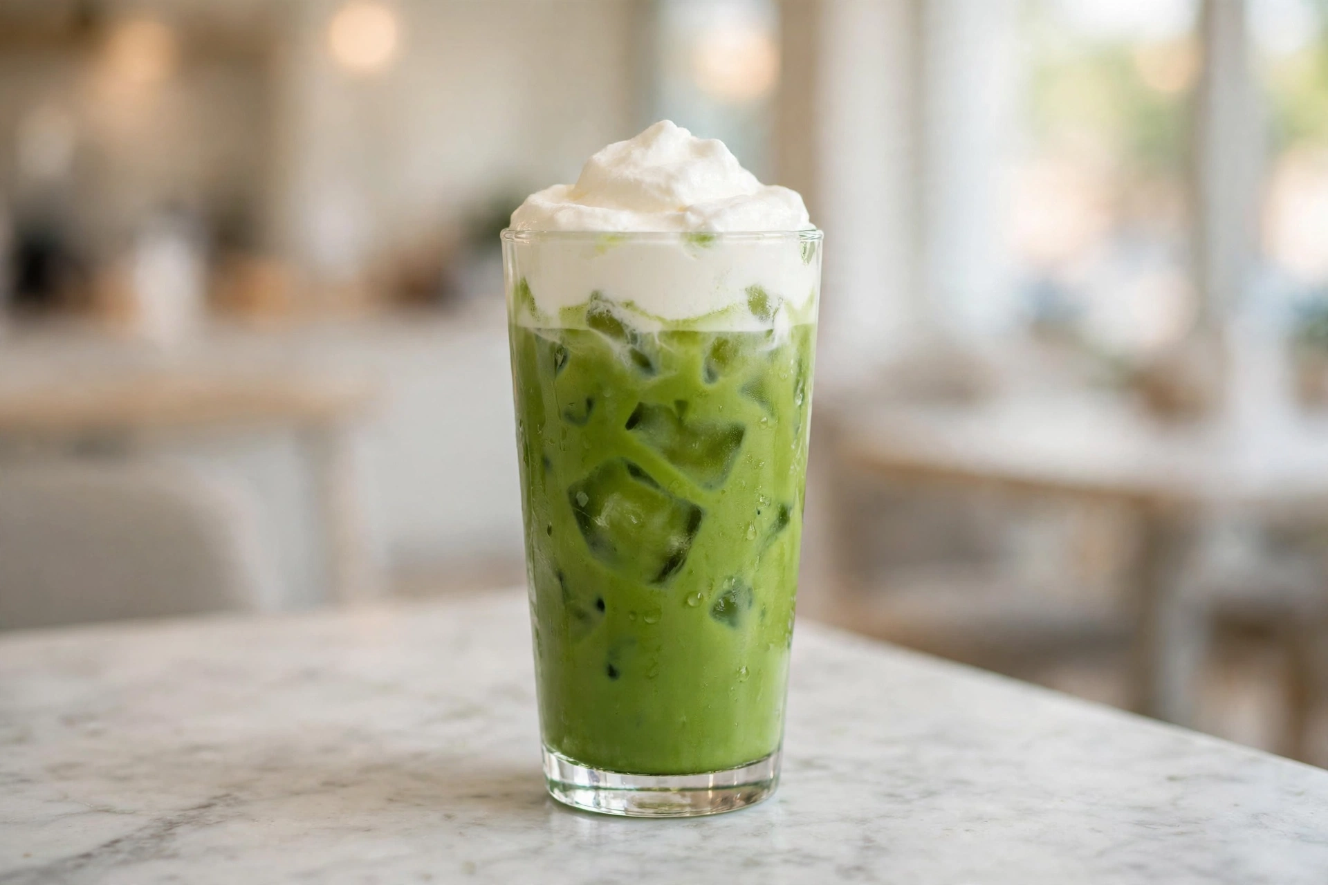 Iced matcha einspanner with a thick layer of white cream floating over bright green matcha