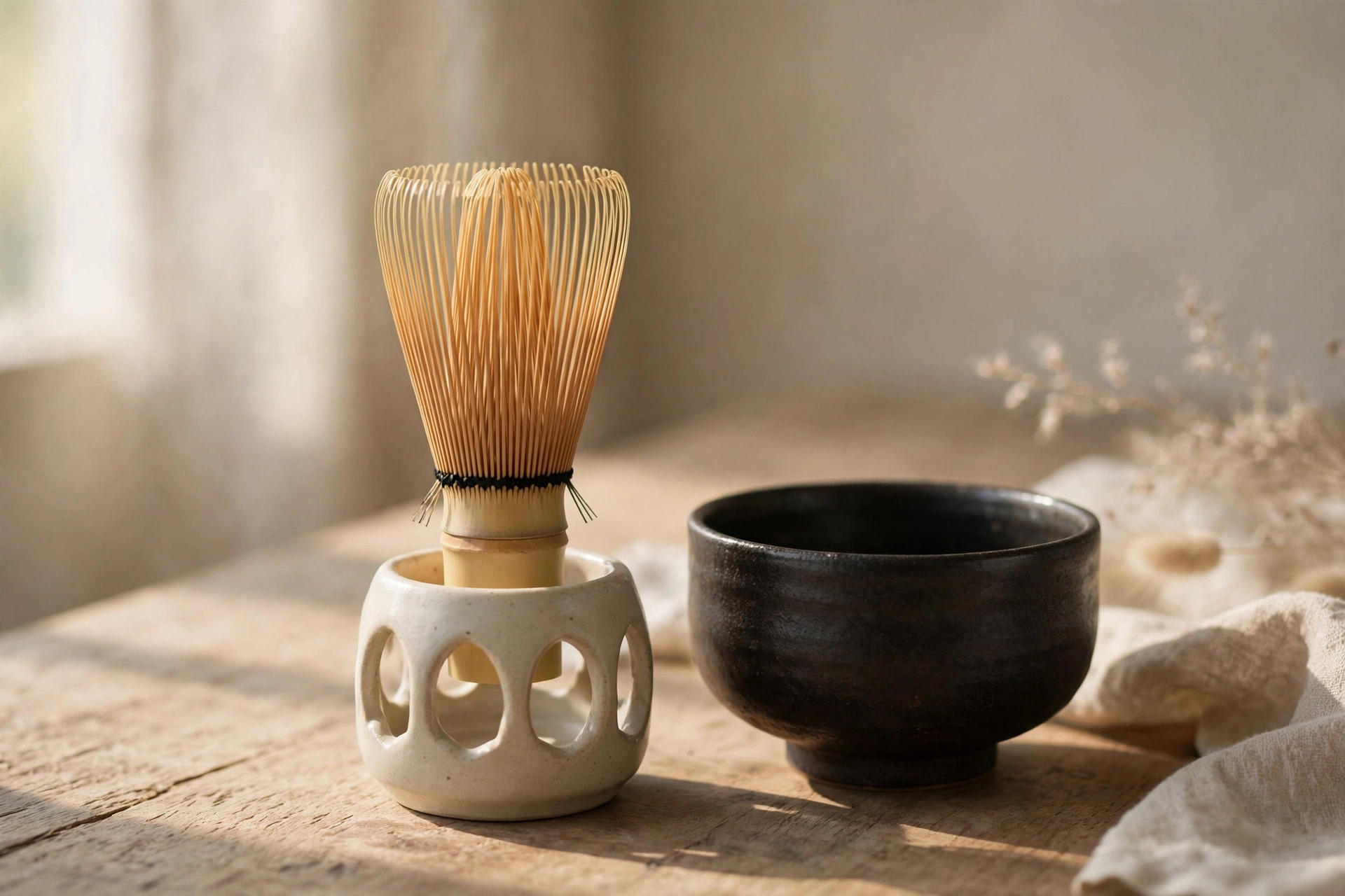 Bamboo matcha whisk on a ceramic holder beside a dark matcha bowl