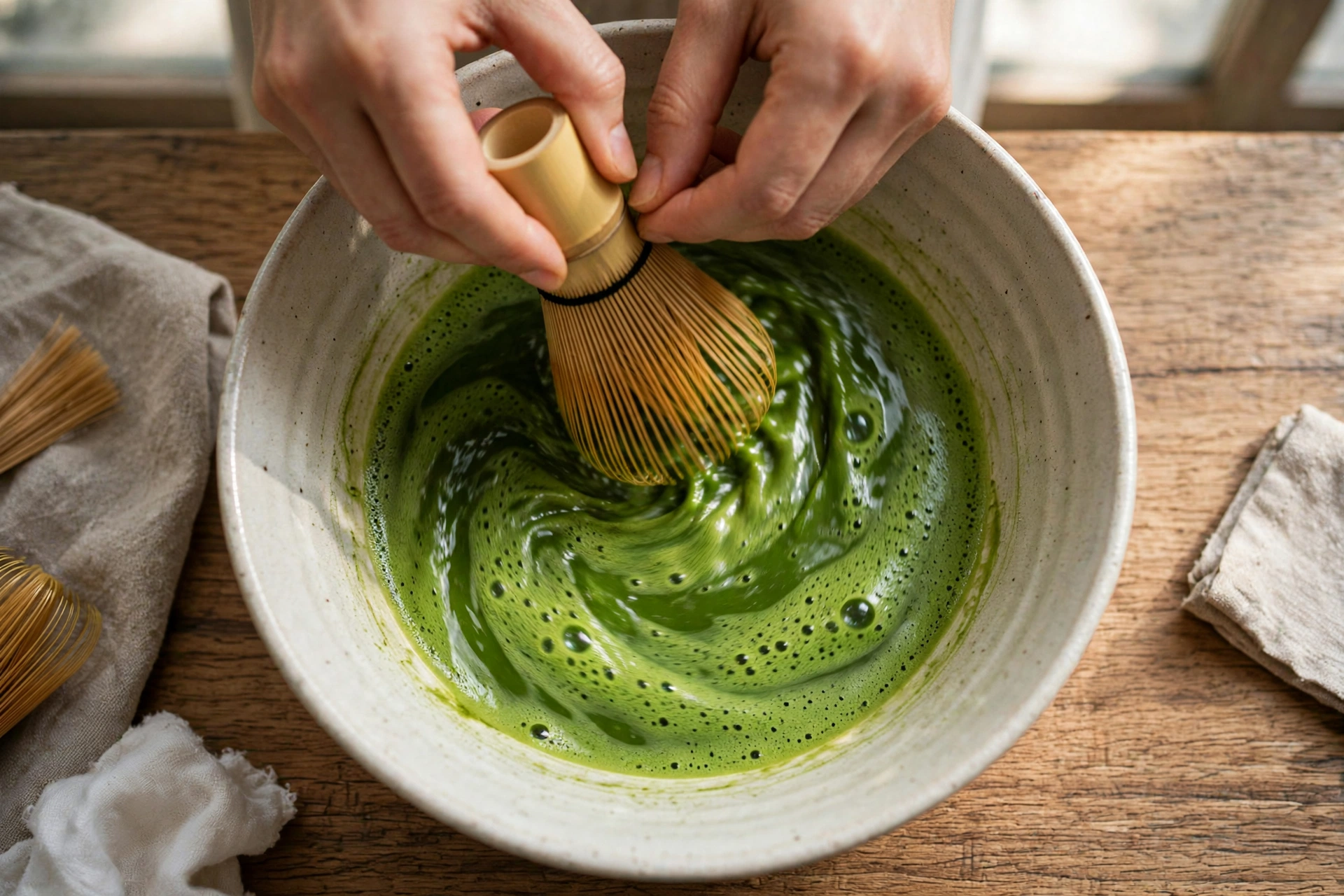 Hands whisking matcha with a bamboo chasen in a ceramic bowl