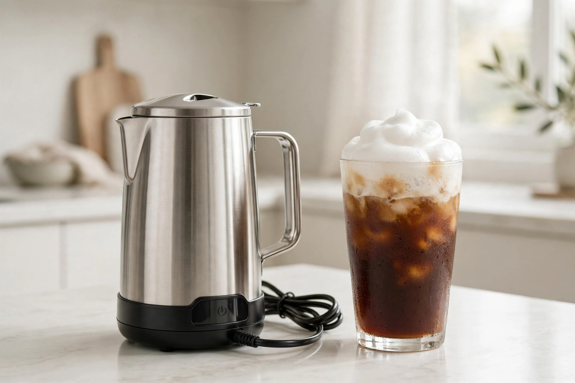 Stainless steel electric milk frother beside an iced coffee with thick cold foam
