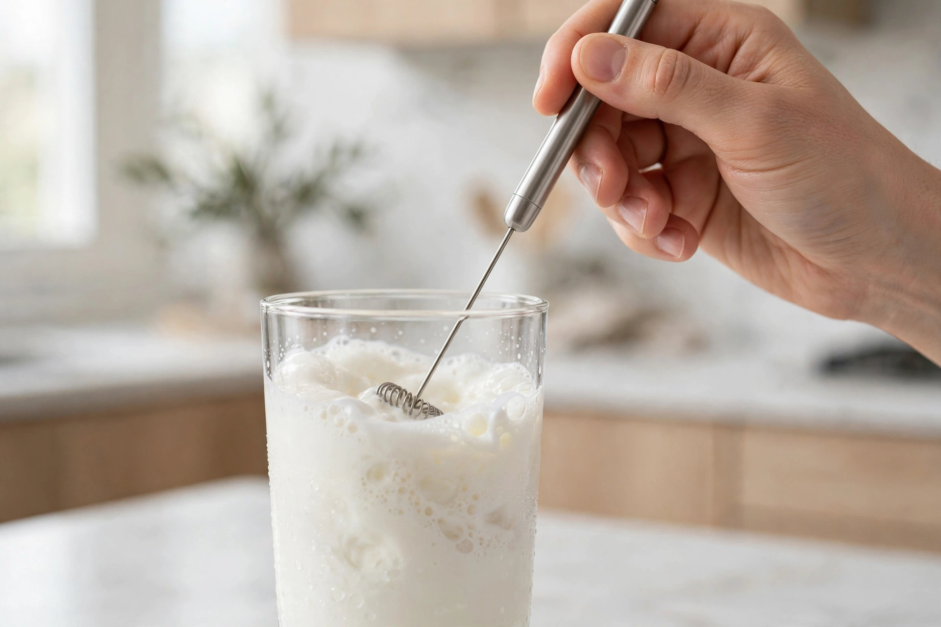 Handheld milk frother wand creating foam in a tall glass of cold milk