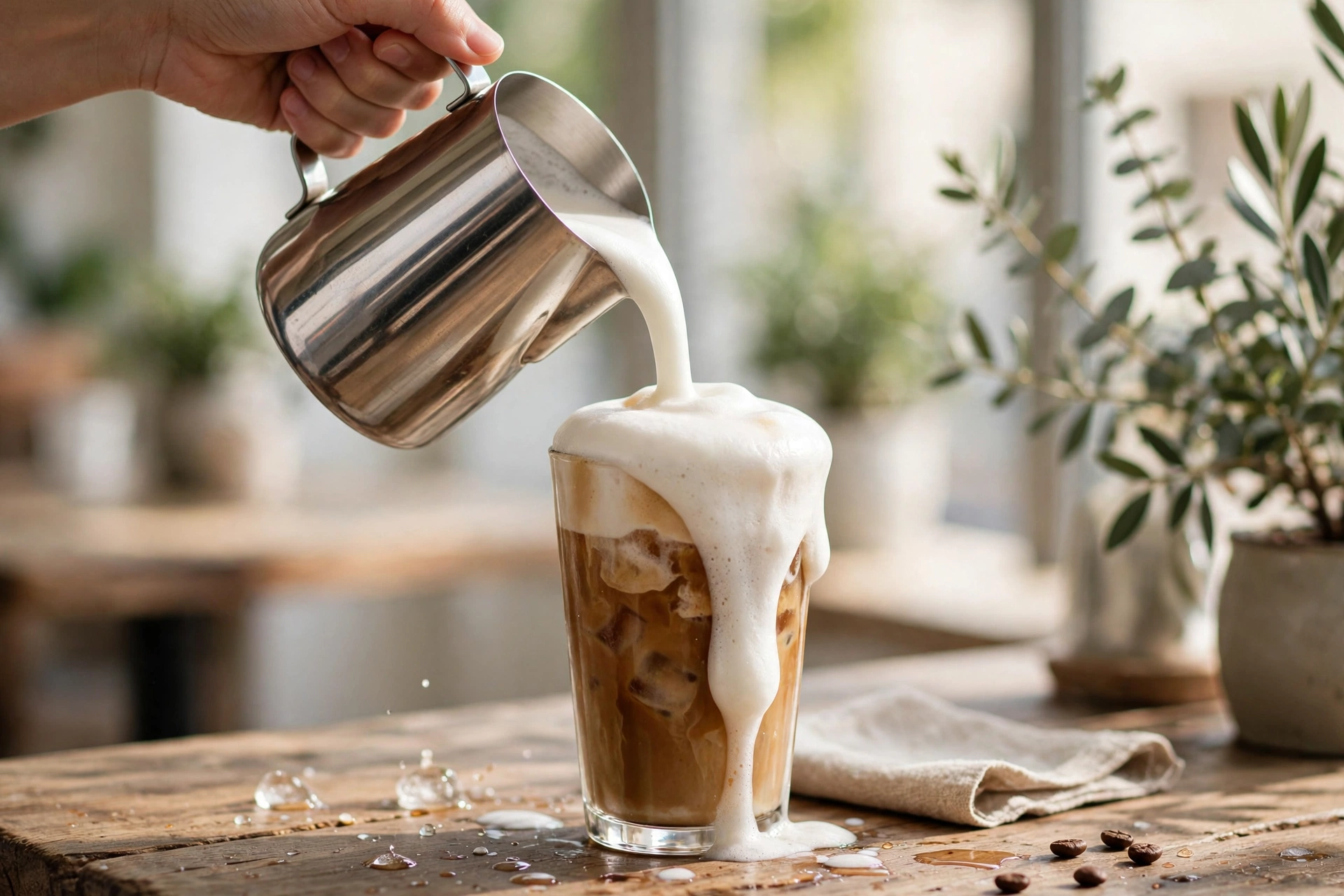 Pouring thick cold foam from a pitcher over iced coffee