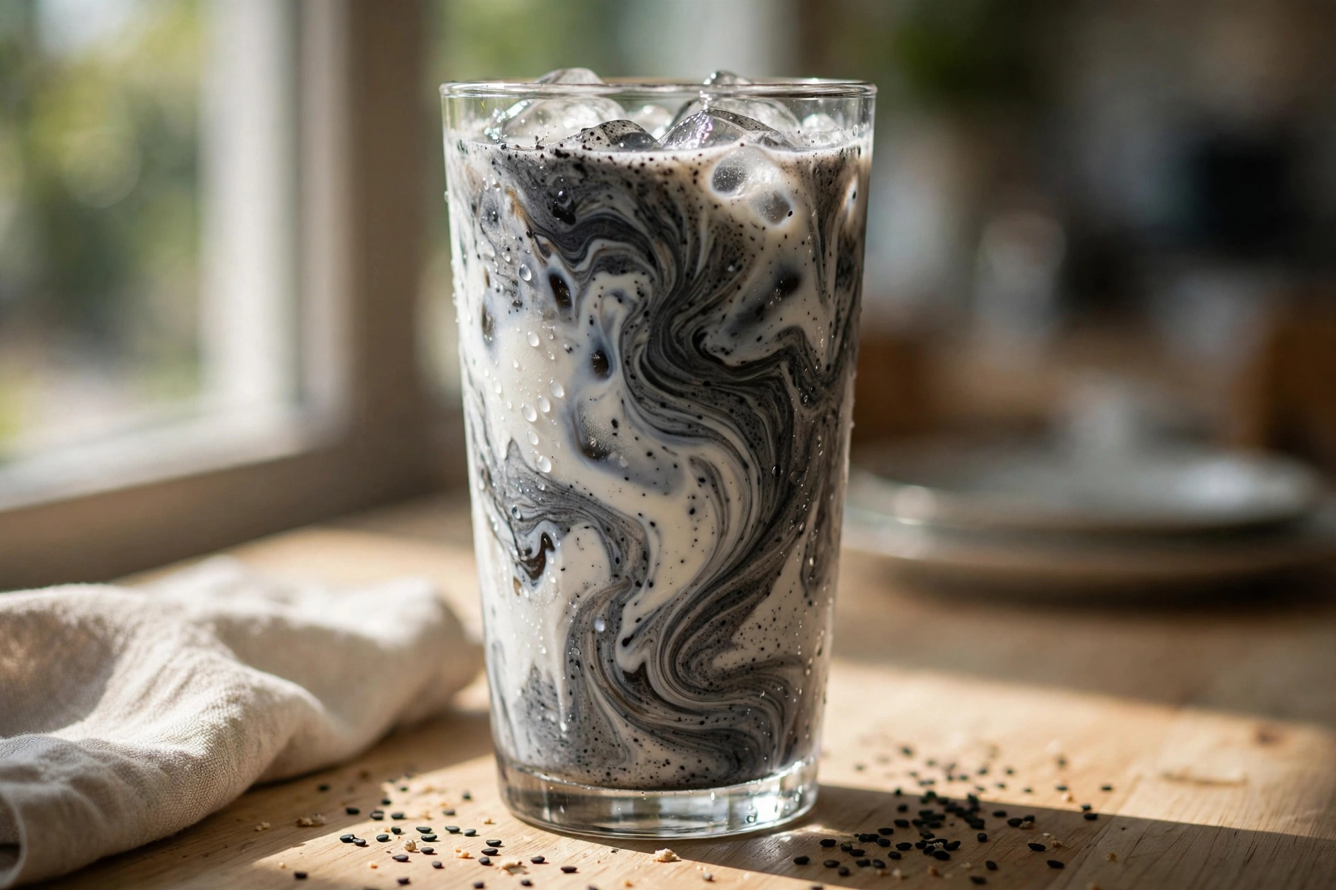 Iced black sesame latte in a glass with dramatic gray swirls of sesame over white milk