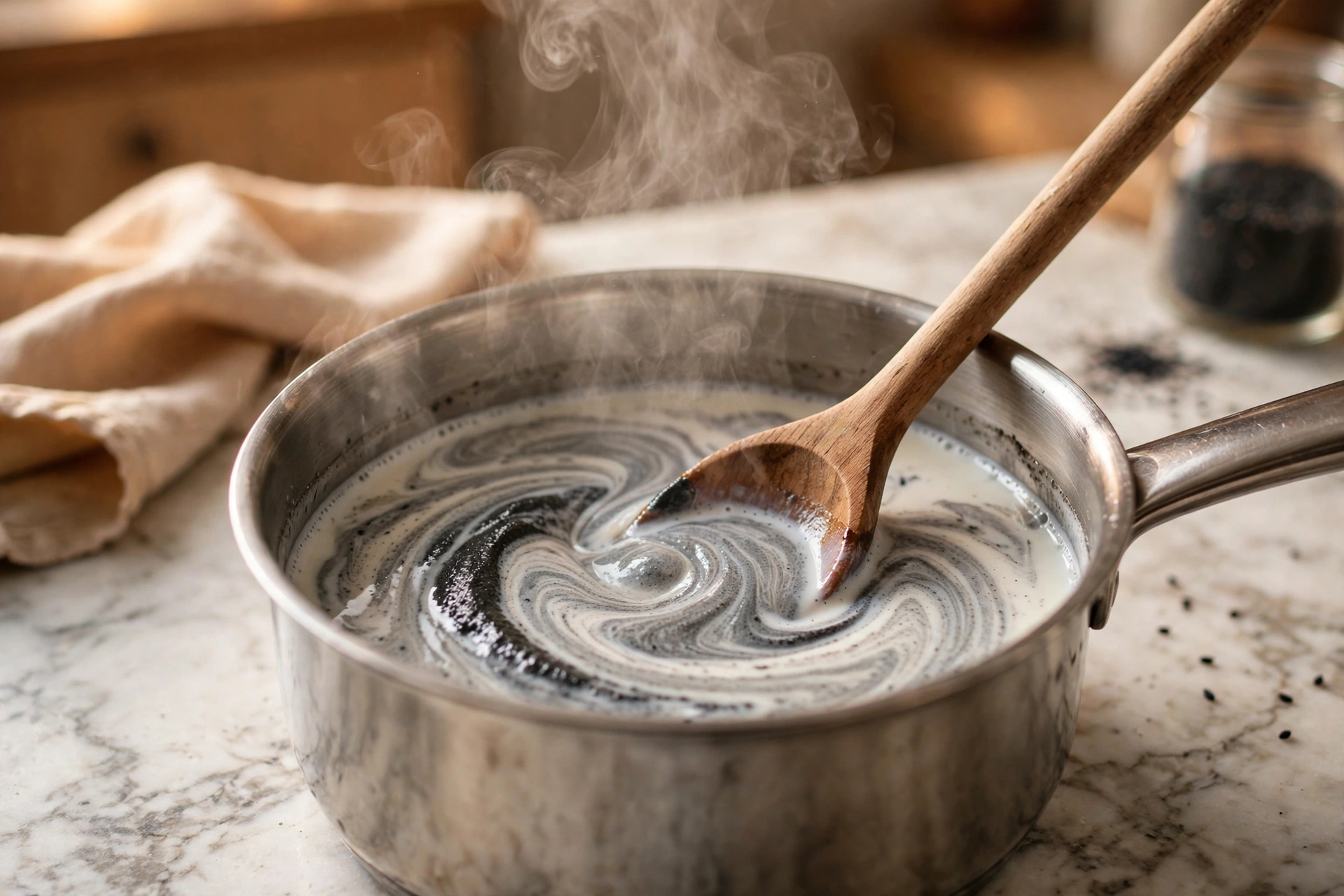 Black sesame paste being blended into warm milk in a saucepan