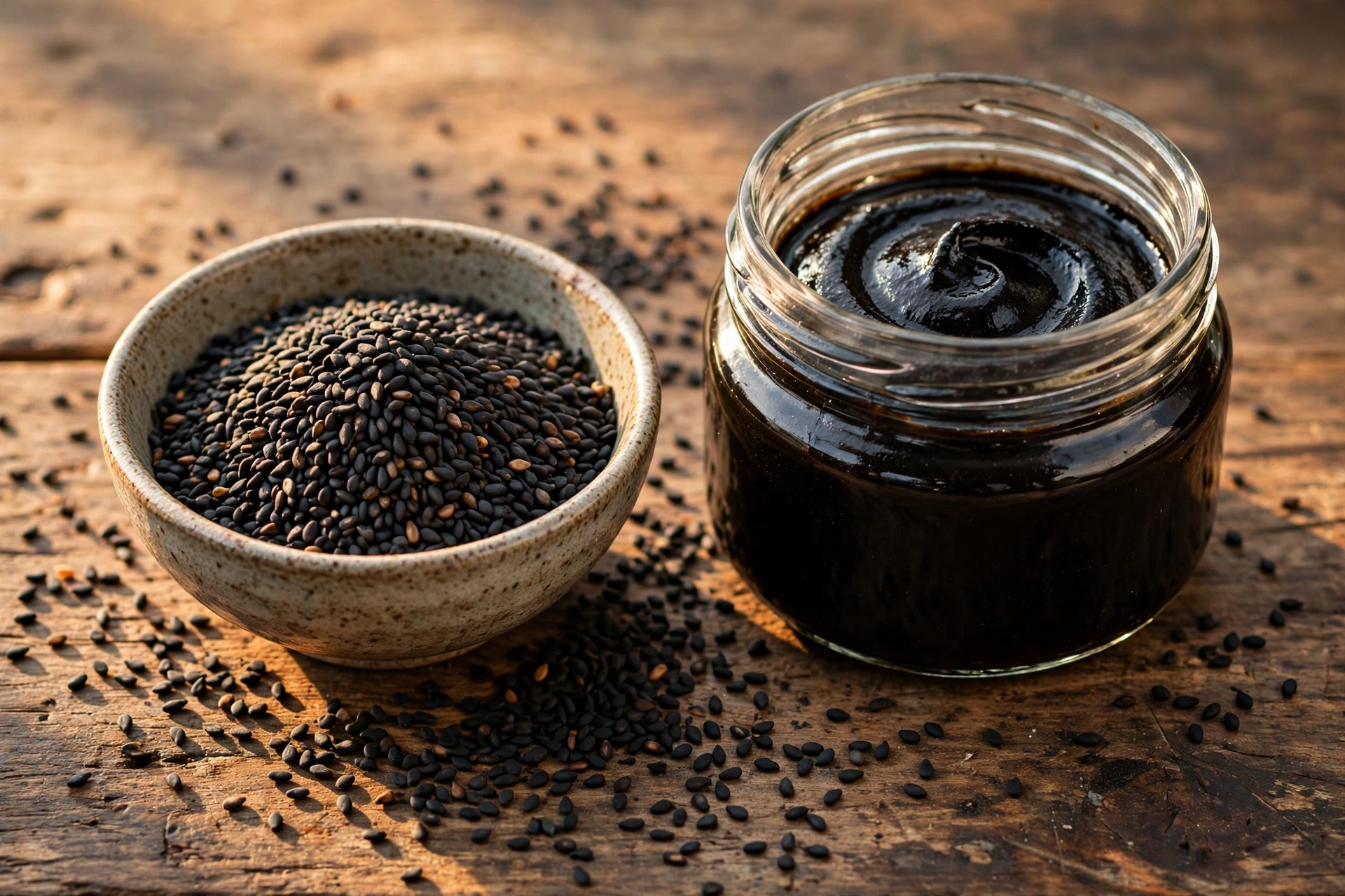 Small bowl of roasted black sesame seeds beside black sesame paste