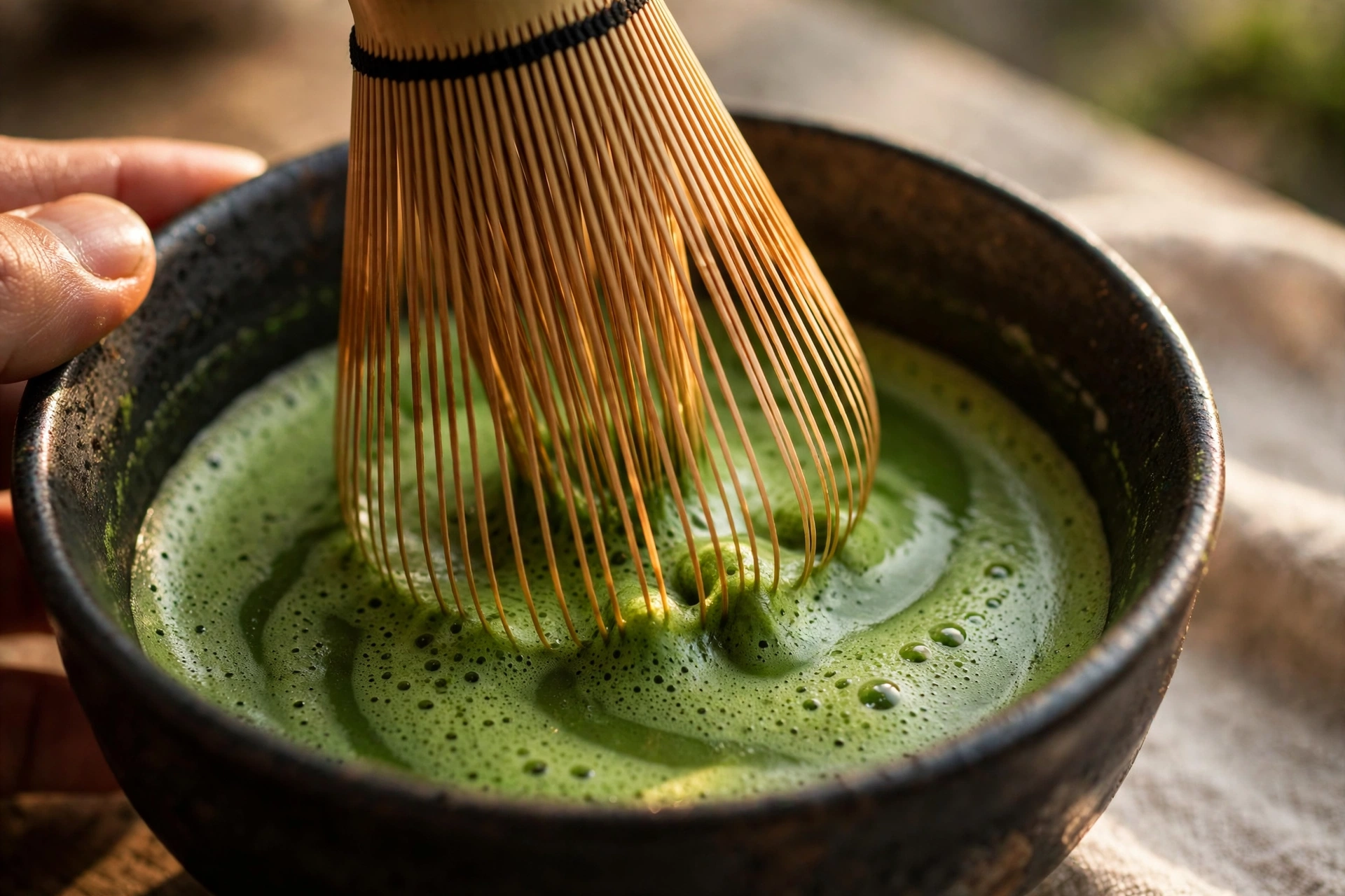 A bamboo chasen whisk frothing bright green ceremonial matcha in a dark ceramic bowl