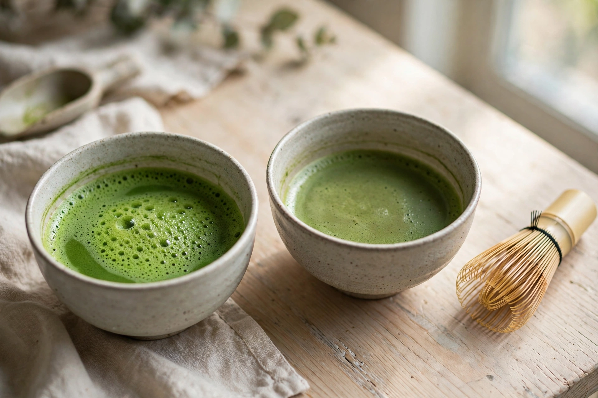 Two bowls of whisked matcha side by side, one vibrant green and one duller olive-green, with a bamboo whisk