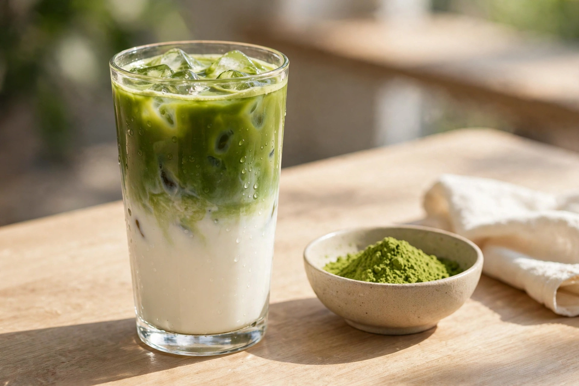 A layered iced matcha latte in a tall glass next to a small bowl of matcha powder