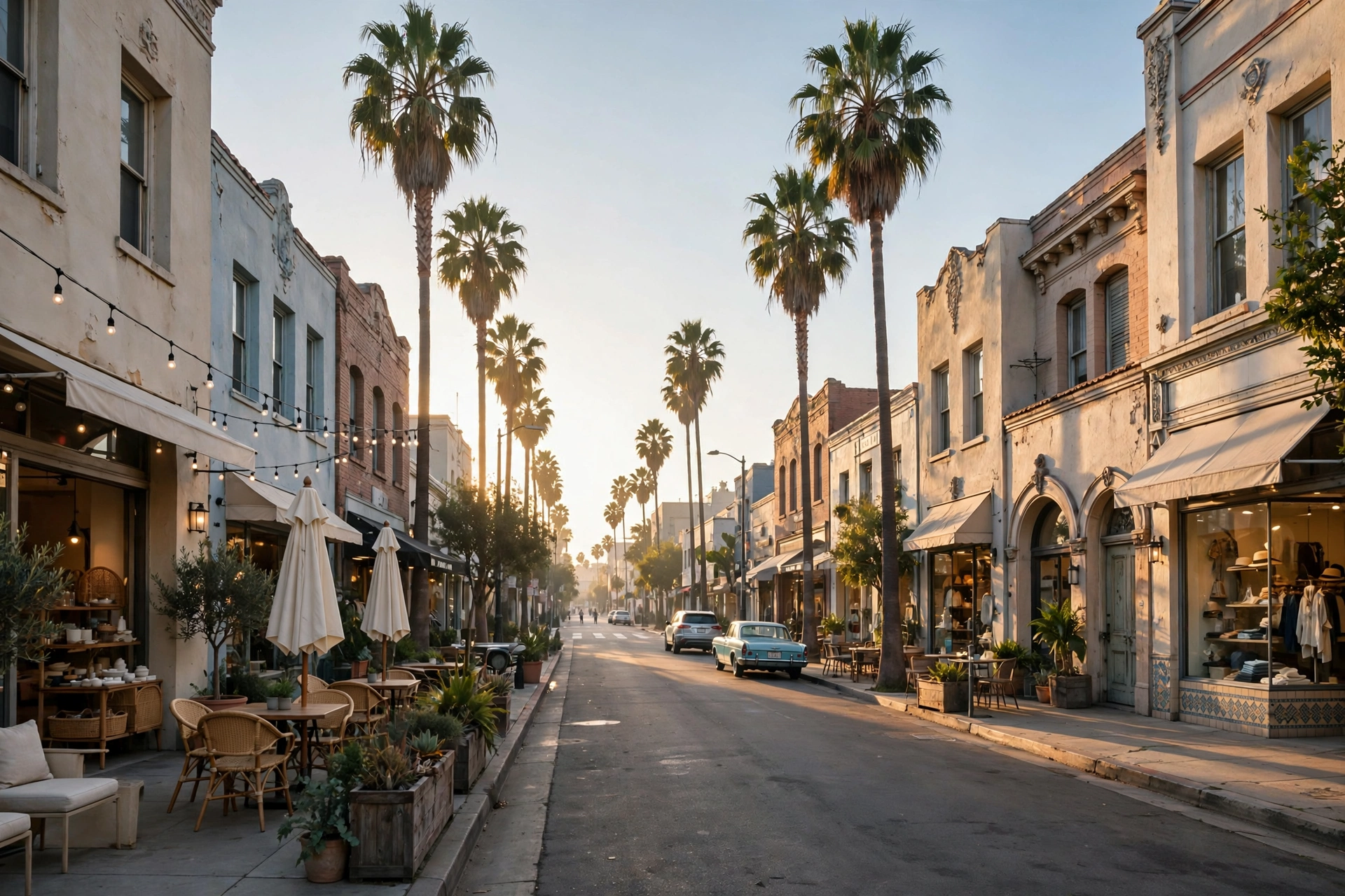 Melrose Avenue street scene with trendy storefronts, café patios, and palm trees in morning light