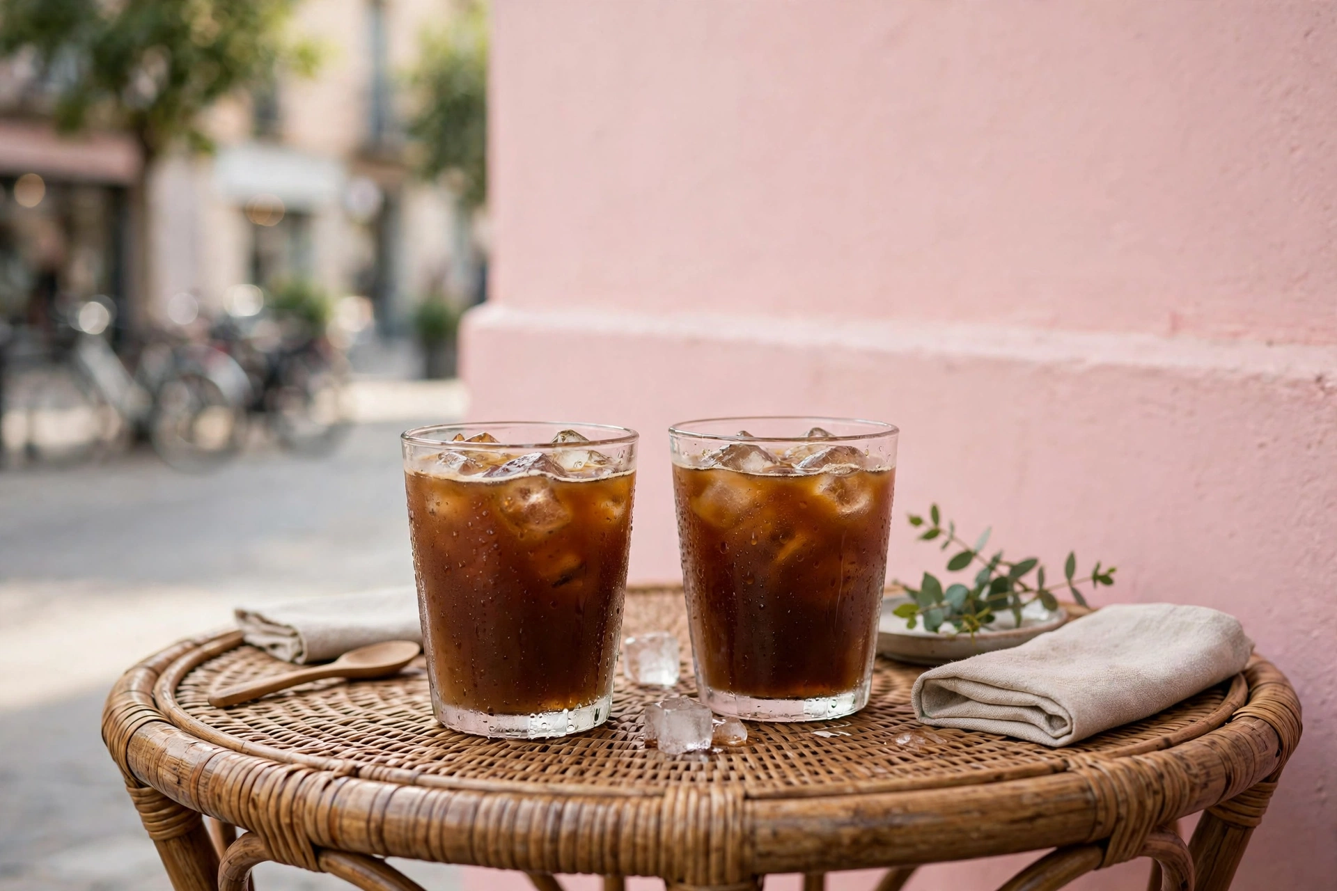 Two iced coffees on a rattan café table in front of a pink wall