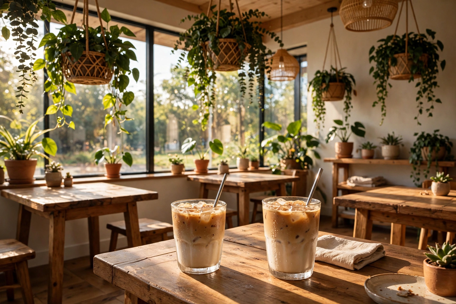 Sunlit café interior with hanging plants, wooden tables, and iced lattes