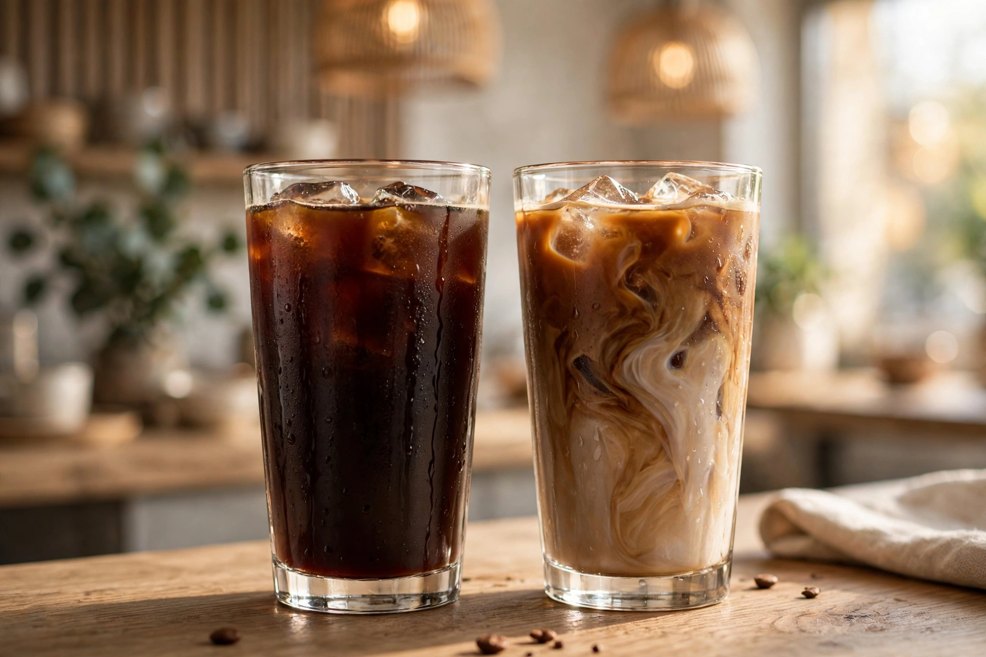 A glass of dark cold brew coffee next to a glass of iced coffee with milk swirl on a cafe counter
