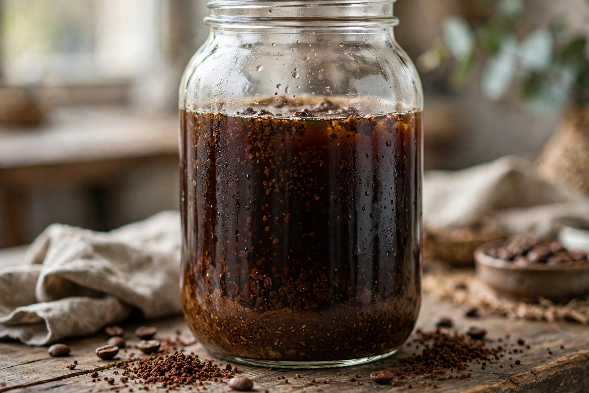 Coarse coffee grounds steeping in a glass jar of cold water for cold brew