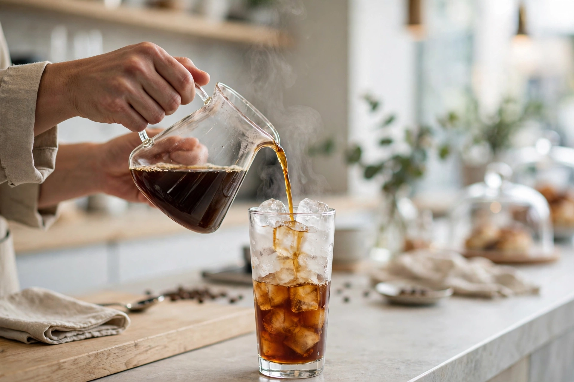 Hot brewed coffee being poured from a glass carafe over a glass of ice cubes