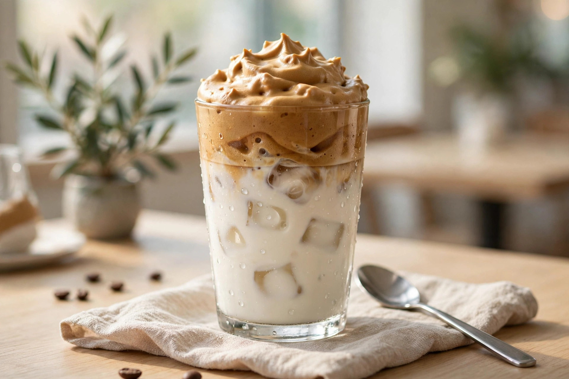 Glass of iced dalgona whipped coffee with a thick caramel-colored foam layer over cold milk