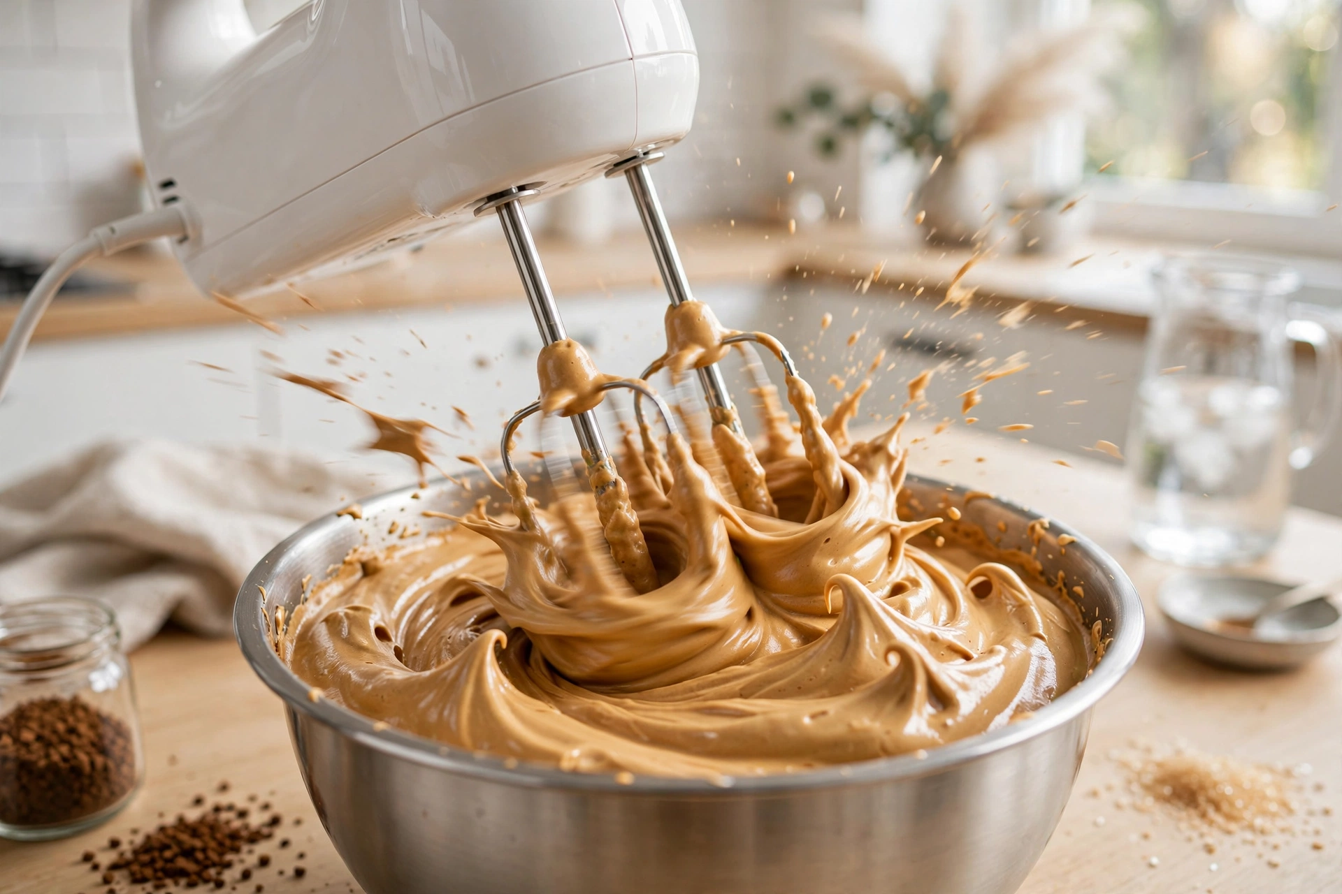 Hand mixer whipping instant coffee, sugar, and water into thick butterscotch-colored foam