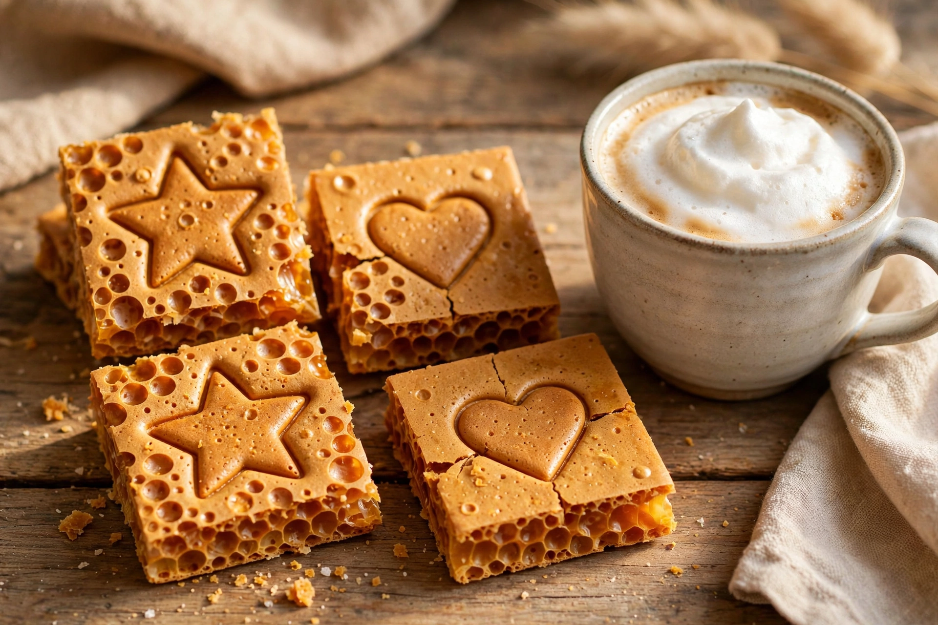 Korean dalgona honeycomb candy squares beside a cup of whipped coffee