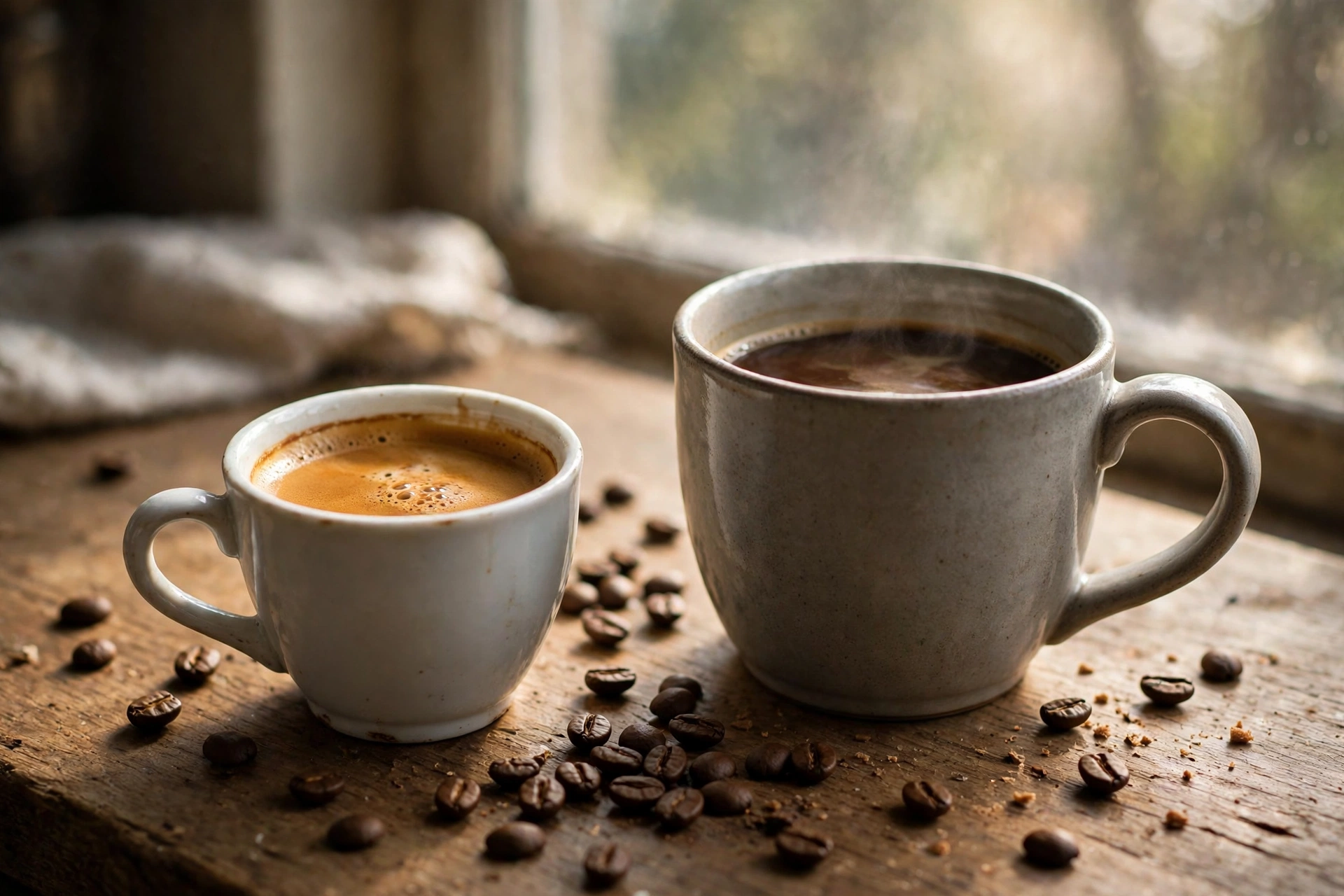 A small cup of espresso with golden crema beside a large mug of drip coffee on a wooden counter