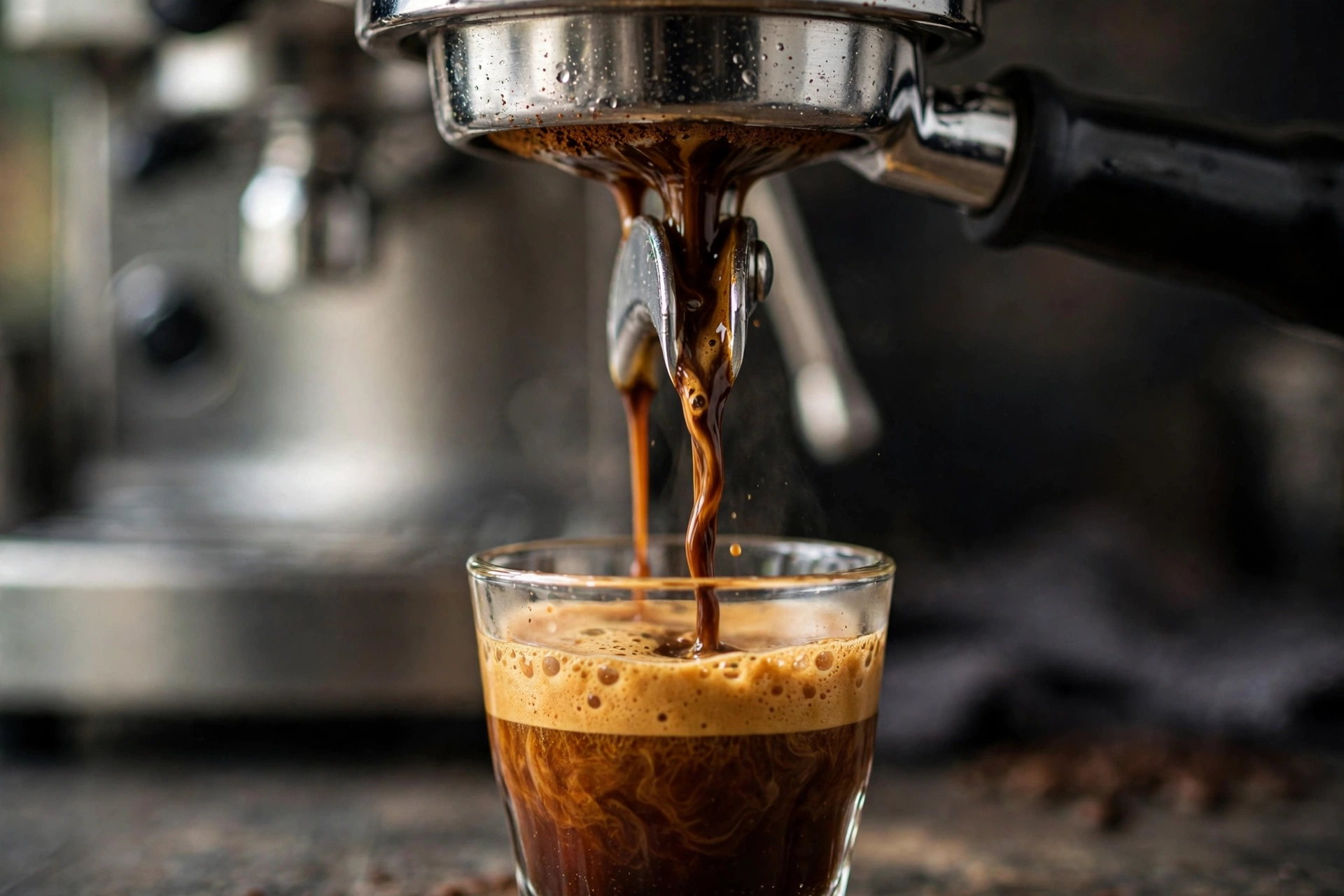 Espresso extracting from a portafilter into a small glass with rich golden crema