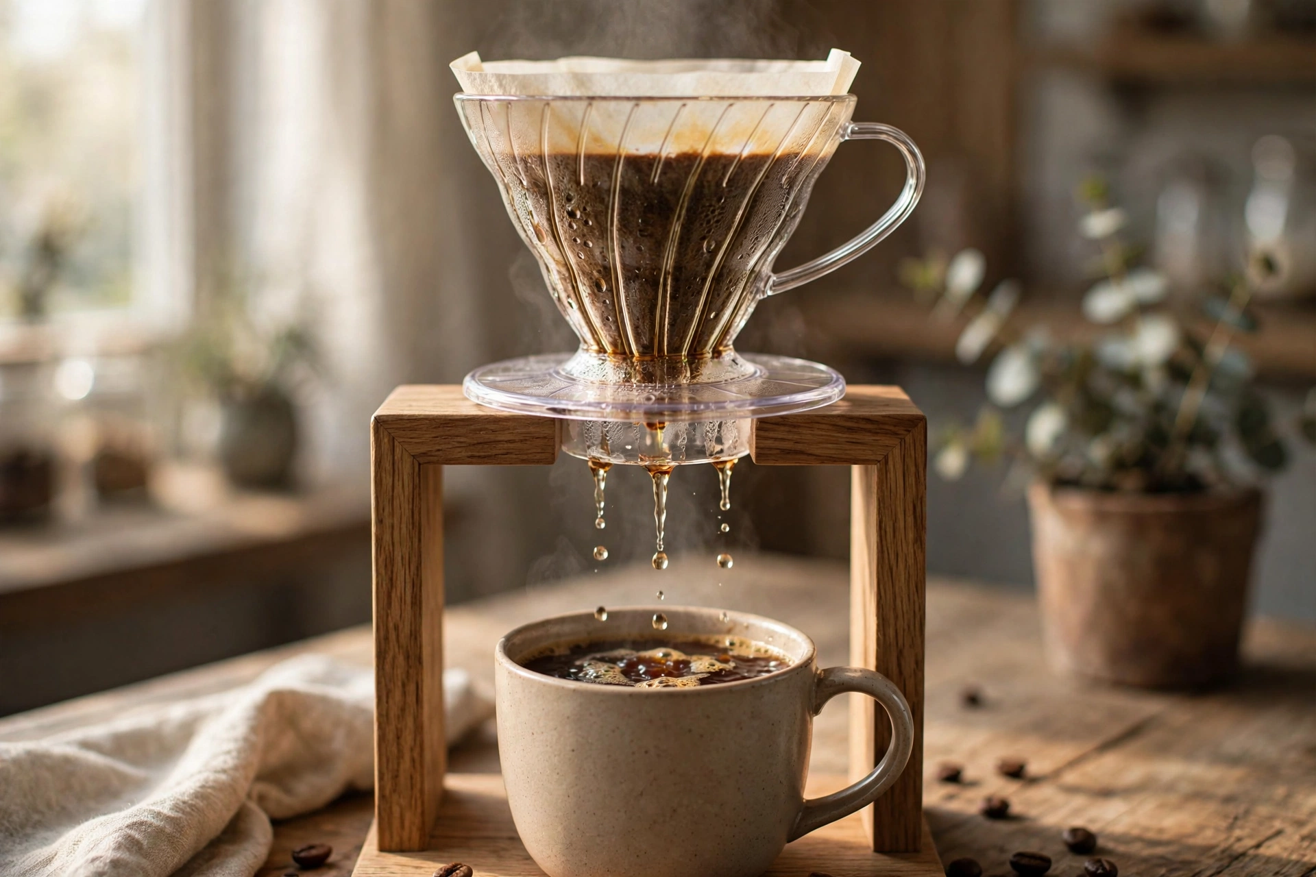 A glass pour-over drip brewer filtering coffee into a ceramic mug