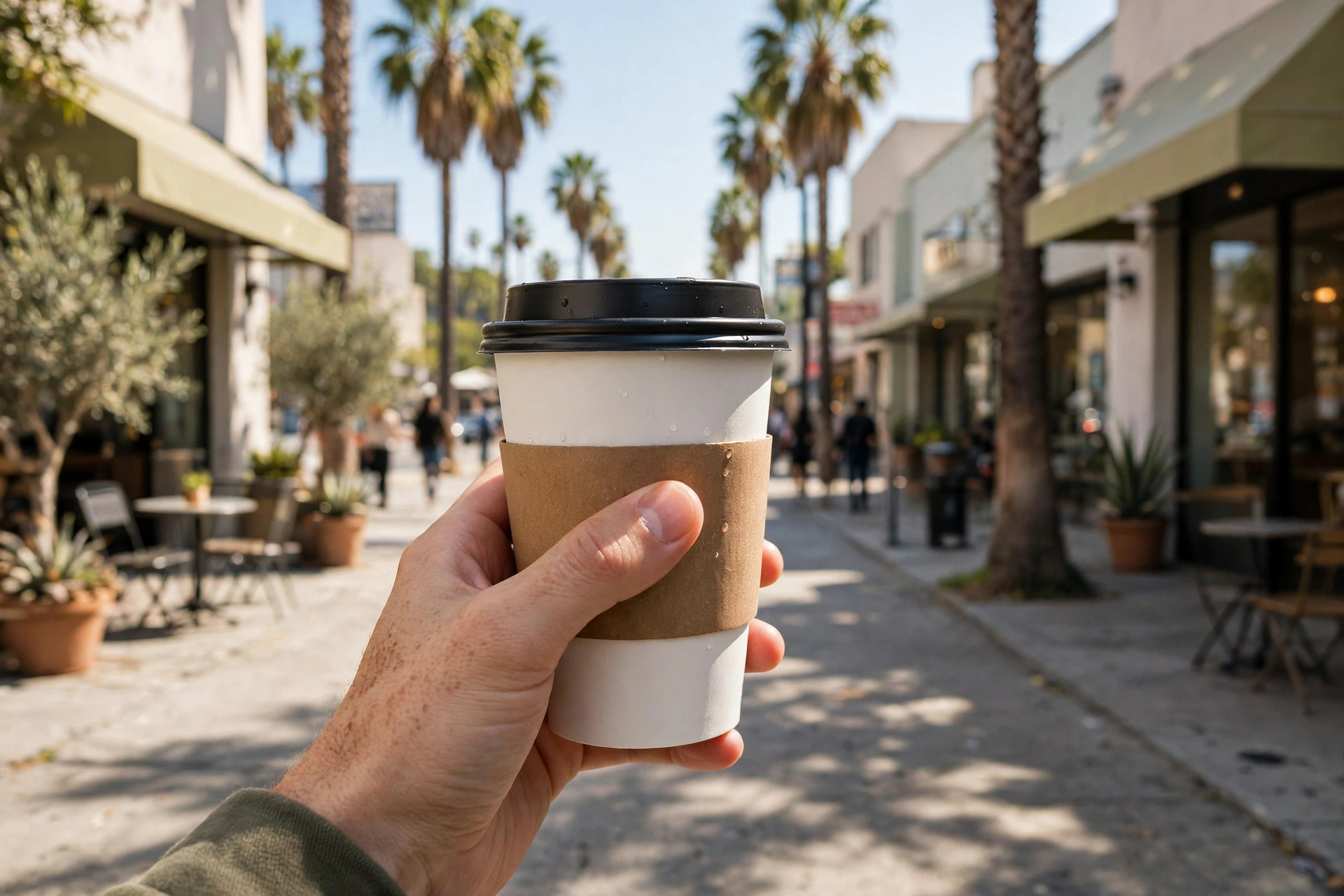 Hand holding a takeaway coffee cup while walking down a sunny palm-lined Los Angeles sidewalk
