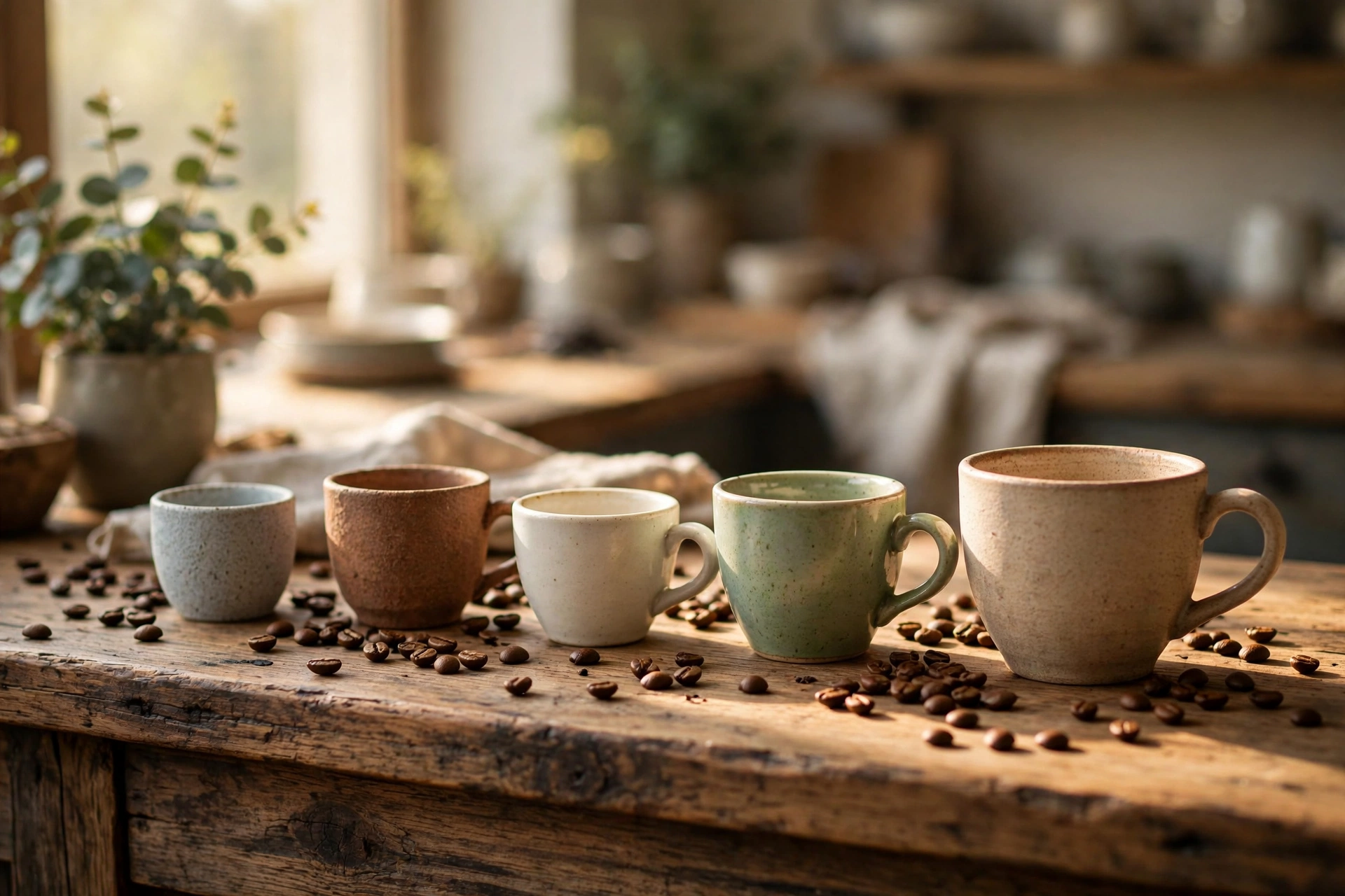 Small ceramic coffee cups of different sizes lined up on a wooden café counter with coffee beans