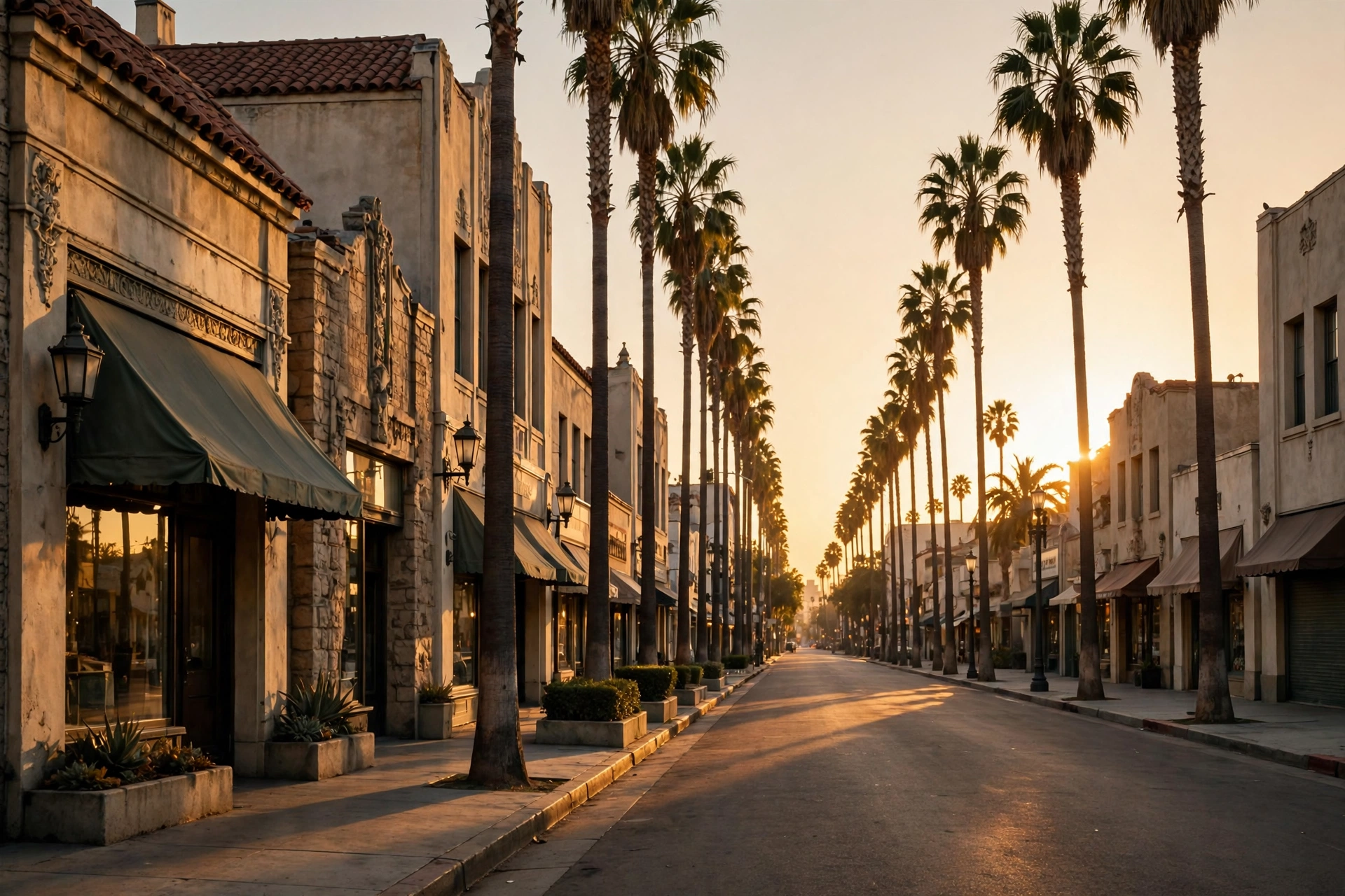 Hollywood street with vintage storefronts and palm trees at golden hour