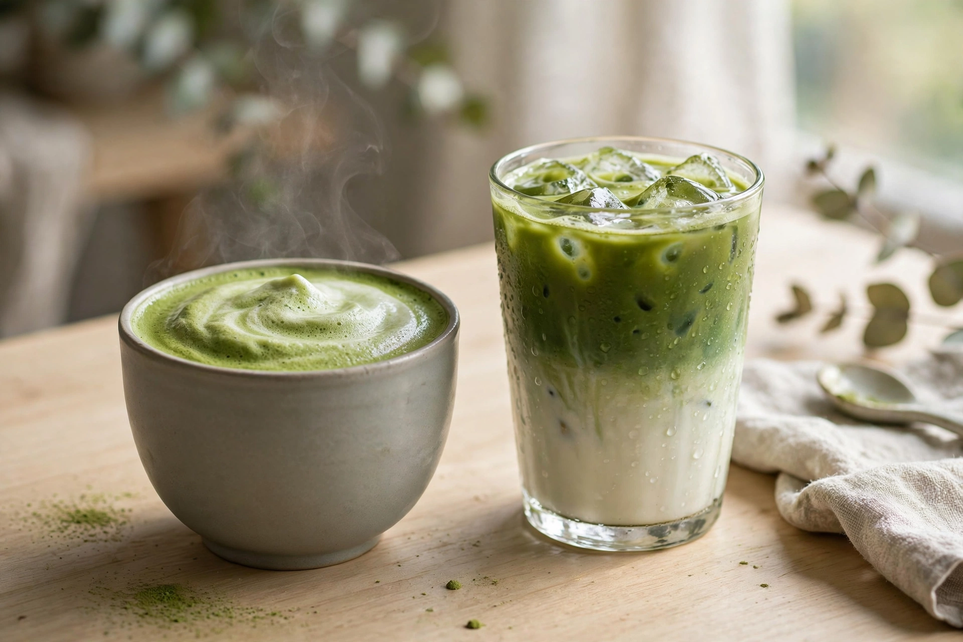 A steaming hot matcha latte in a ceramic cup next to a tall glass of iced matcha latte