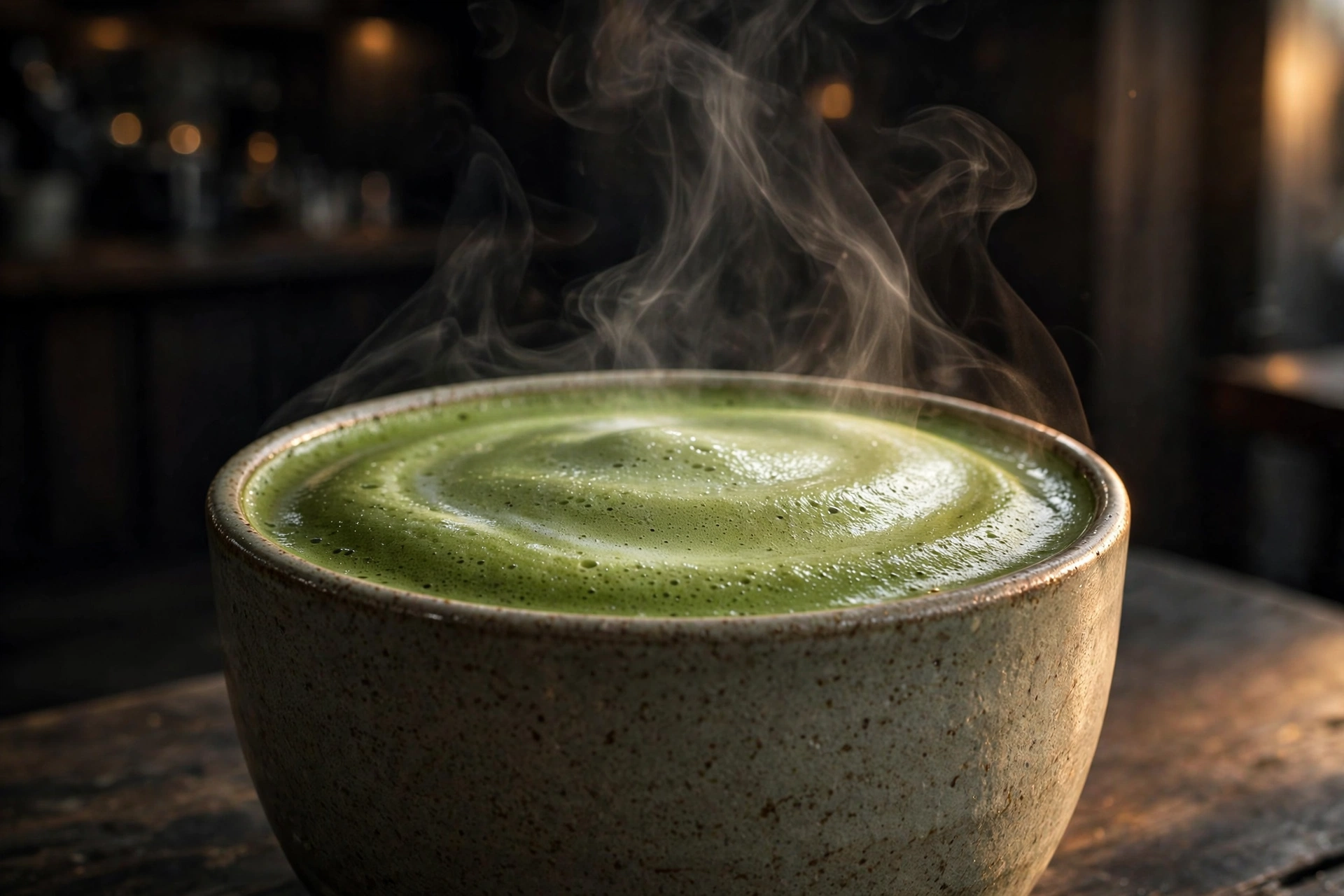 Close-up of a steaming hot matcha latte with glossy green microfoam