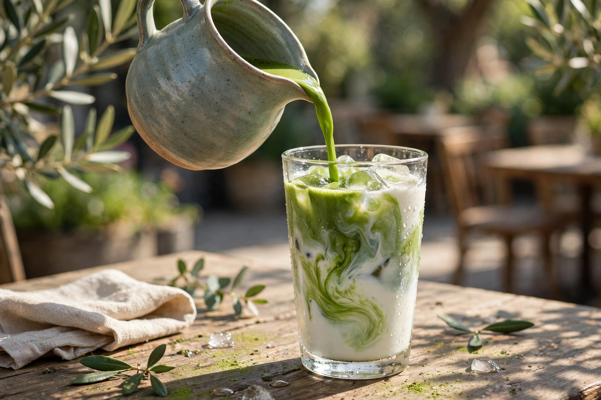 Whisked green matcha being poured into a glass of cold milk and ice for an iced matcha latte