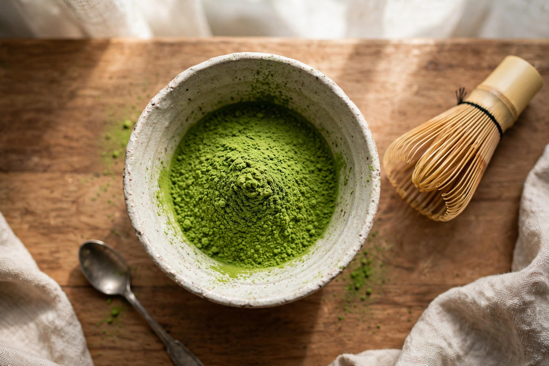 Vibrant green matcha powder in a ceramic bowl with a bamboo whisk