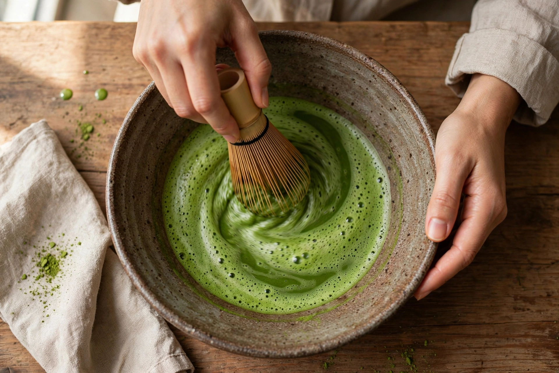 Hands whisking frothy matcha in a ceramic bowl with a bamboo chasen
