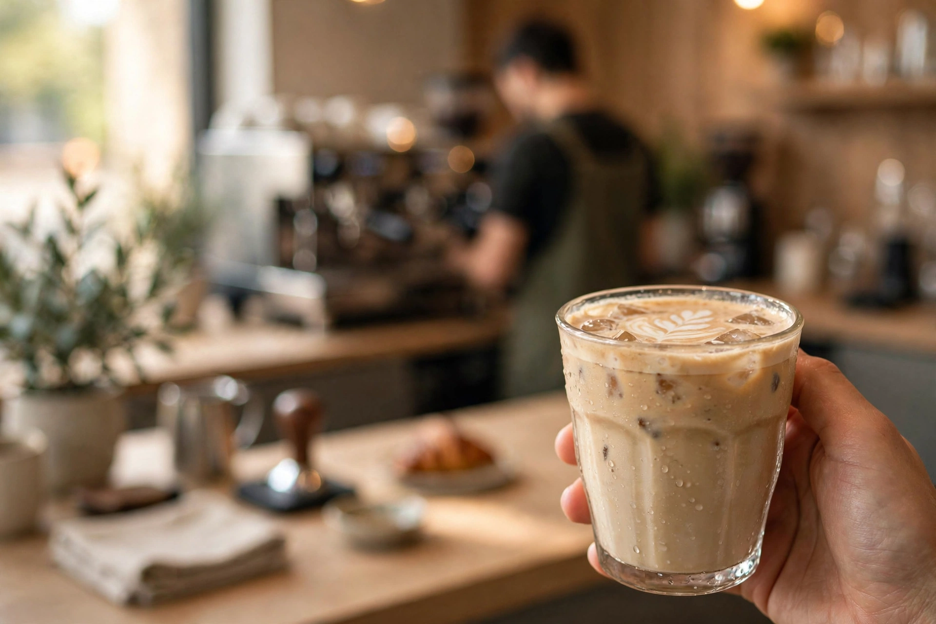 Hand holding an iced latte at a specialty coffee shop counter