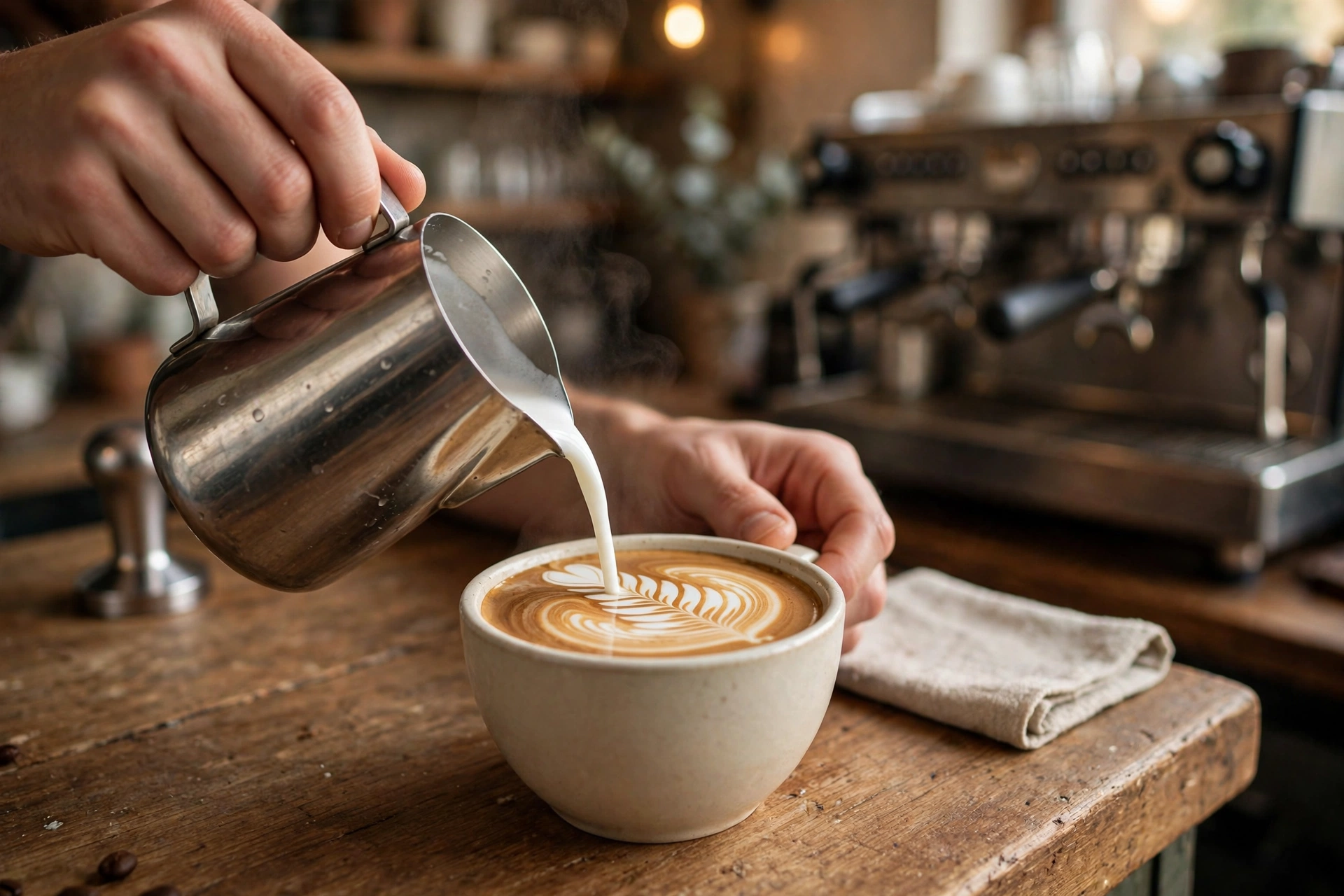 Barista pouring latte art into a ceramic cup at a busy café