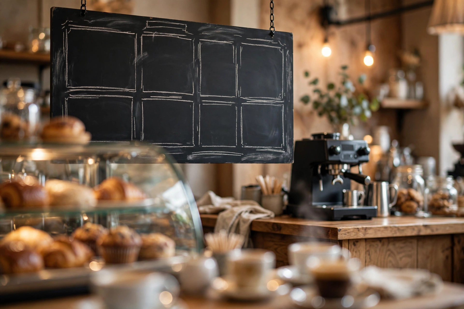 Specialty coffee shop menu board with handwritten drink names