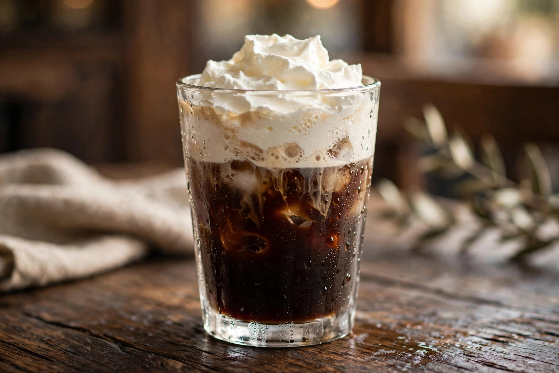 Iced Einspänner with thick cream top in a clear glass