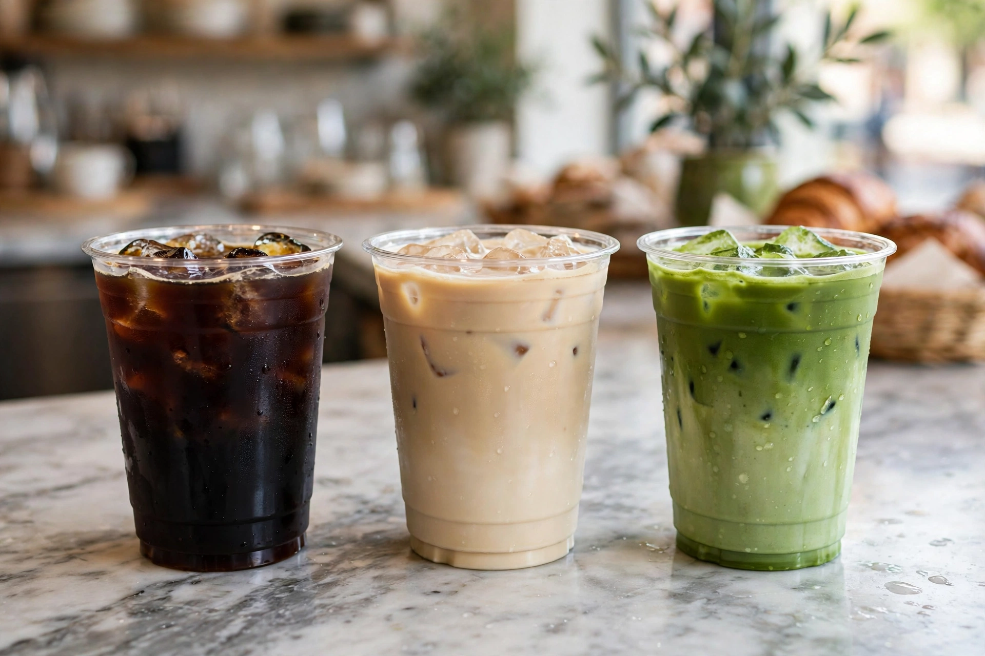 Three colorful iced drinks in clear cups lined up on a café counter