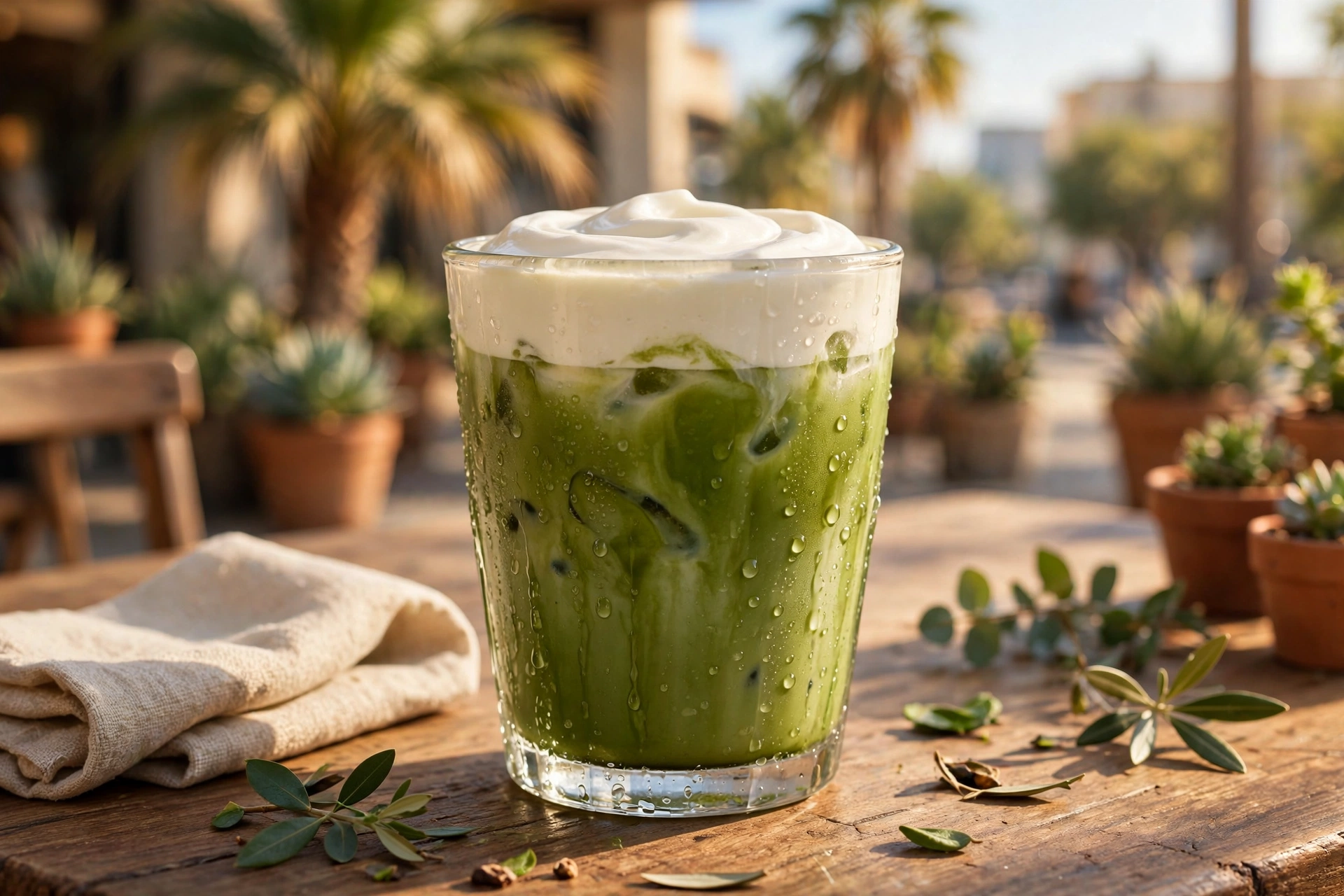 Iced matcha drink with layered cream on a sunny café table