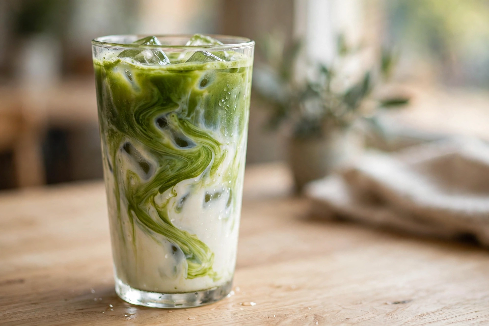 Tall glass of iced matcha latte with vivid green matcha swirling in marbled layers over milk and ice