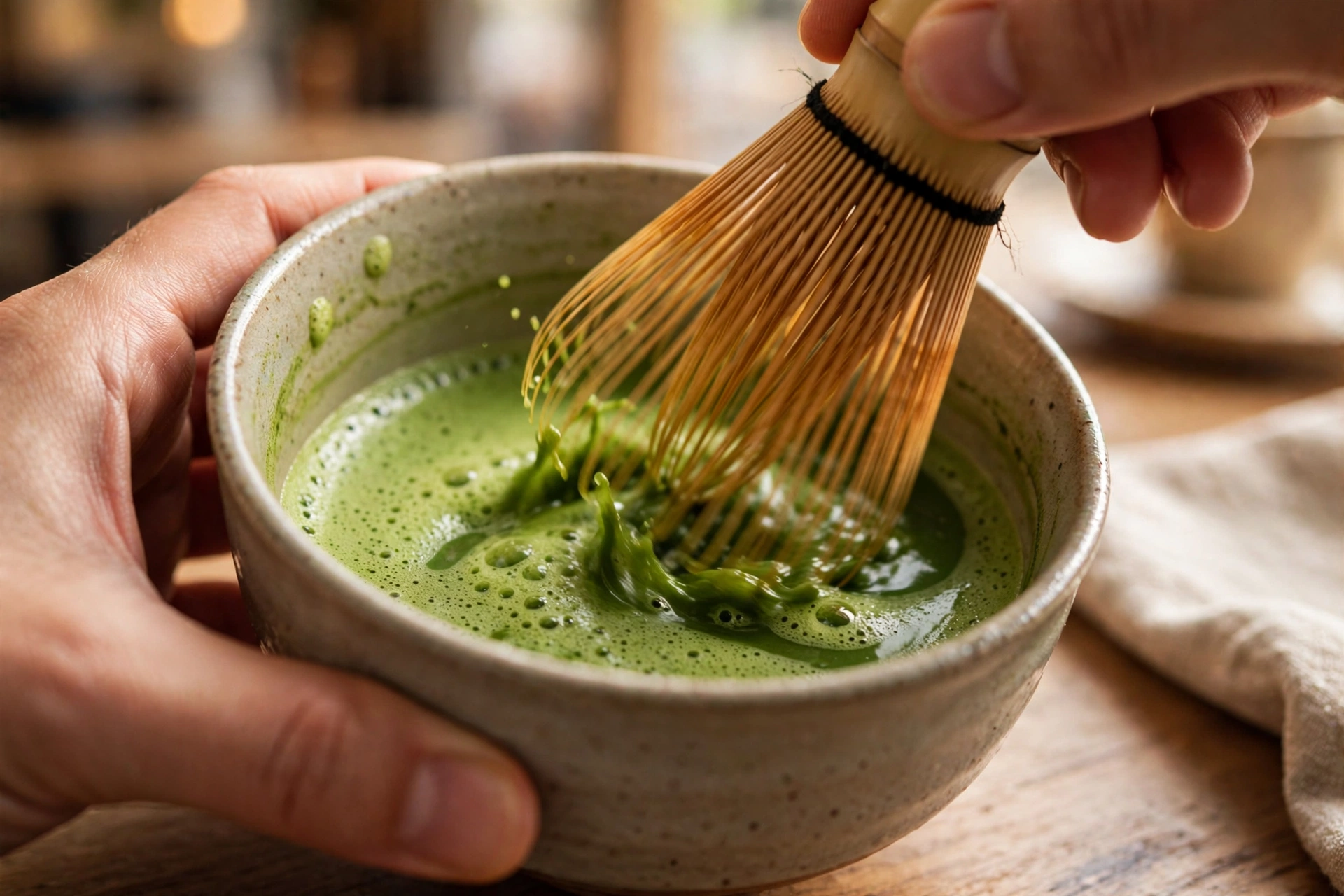 Bamboo whisk frothing bright green matcha in a ceramic bowl with fine foam forming