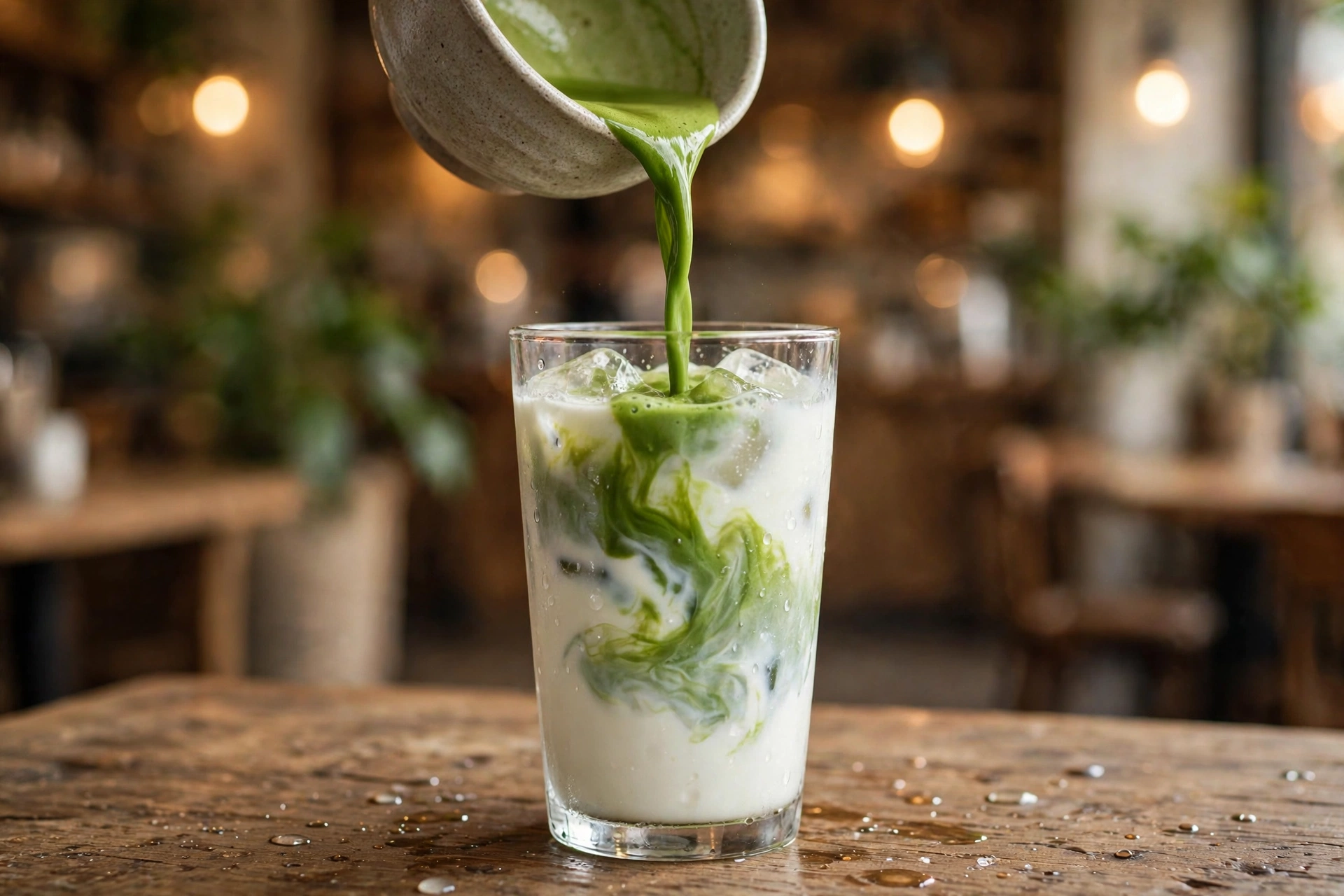Whisked matcha being poured from a ceramic bowl into a tall glass of iced milk, ribboning through