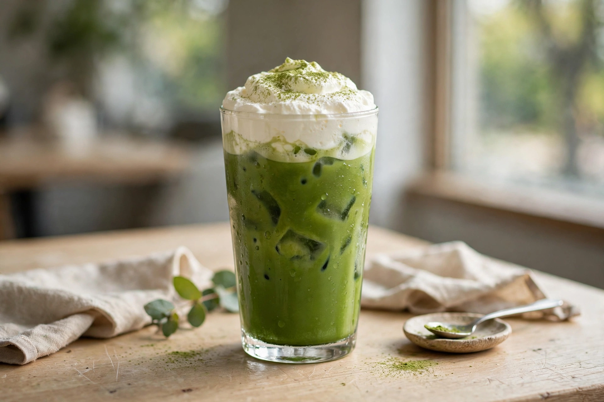 Tall glass of matcha einspanner with vivid green iced matcha and a thick whipped cream cap dusted with matcha