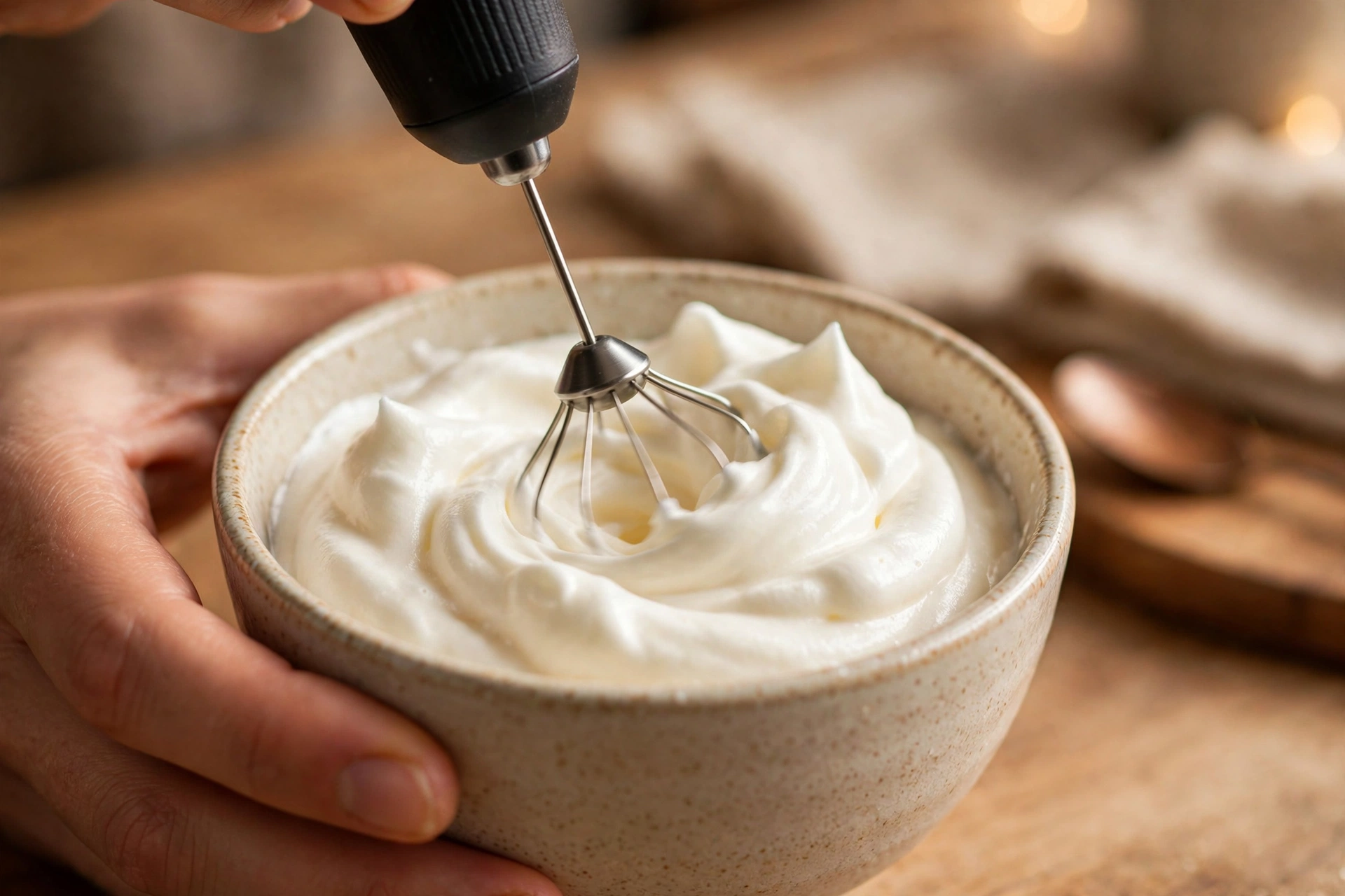 Handheld frother whipping sweetened cream to soft pillowy peaks in a small bowl