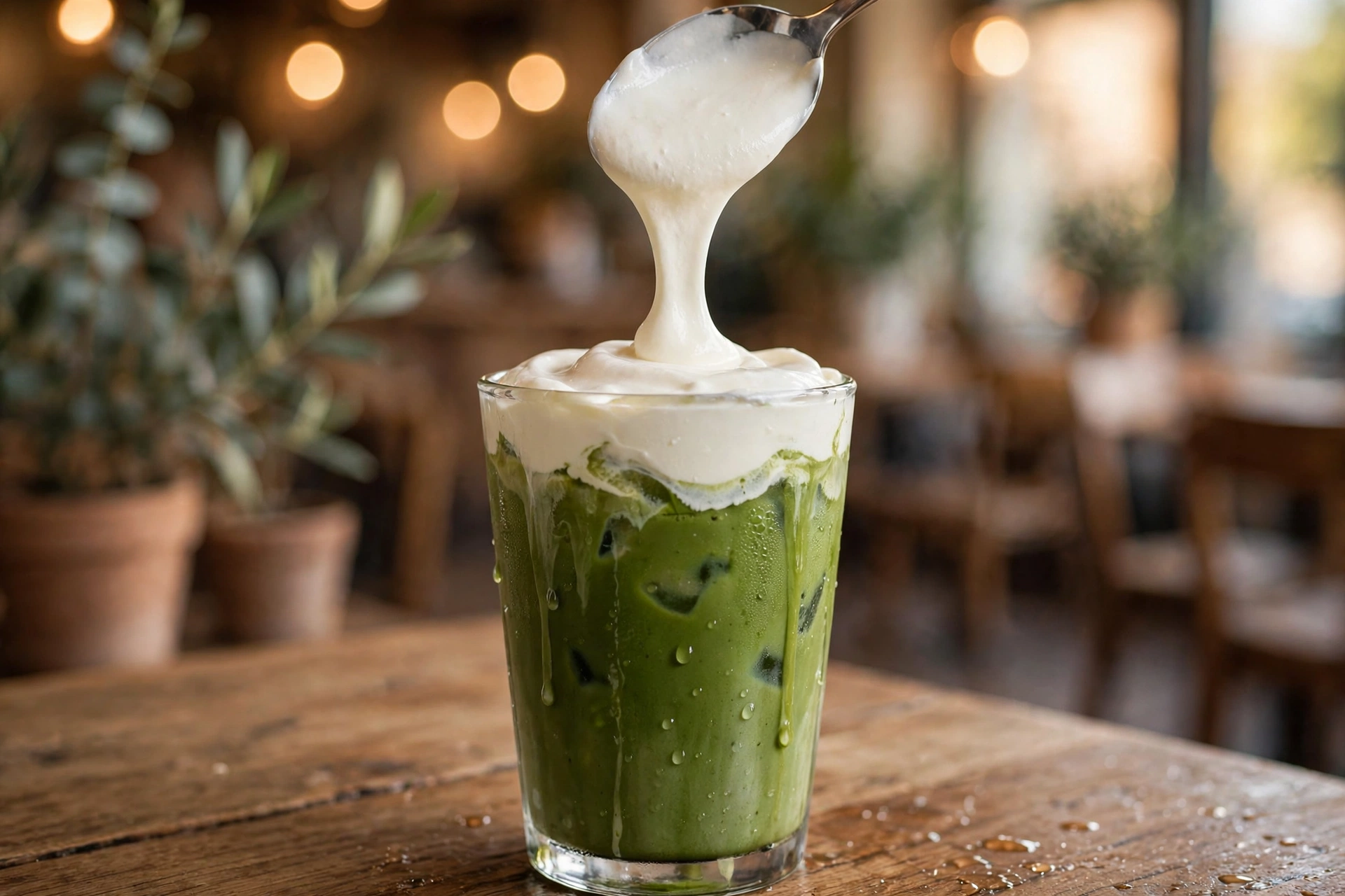 Thick whipped cream being spooned onto iced green matcha, spreading into a clean floating layer